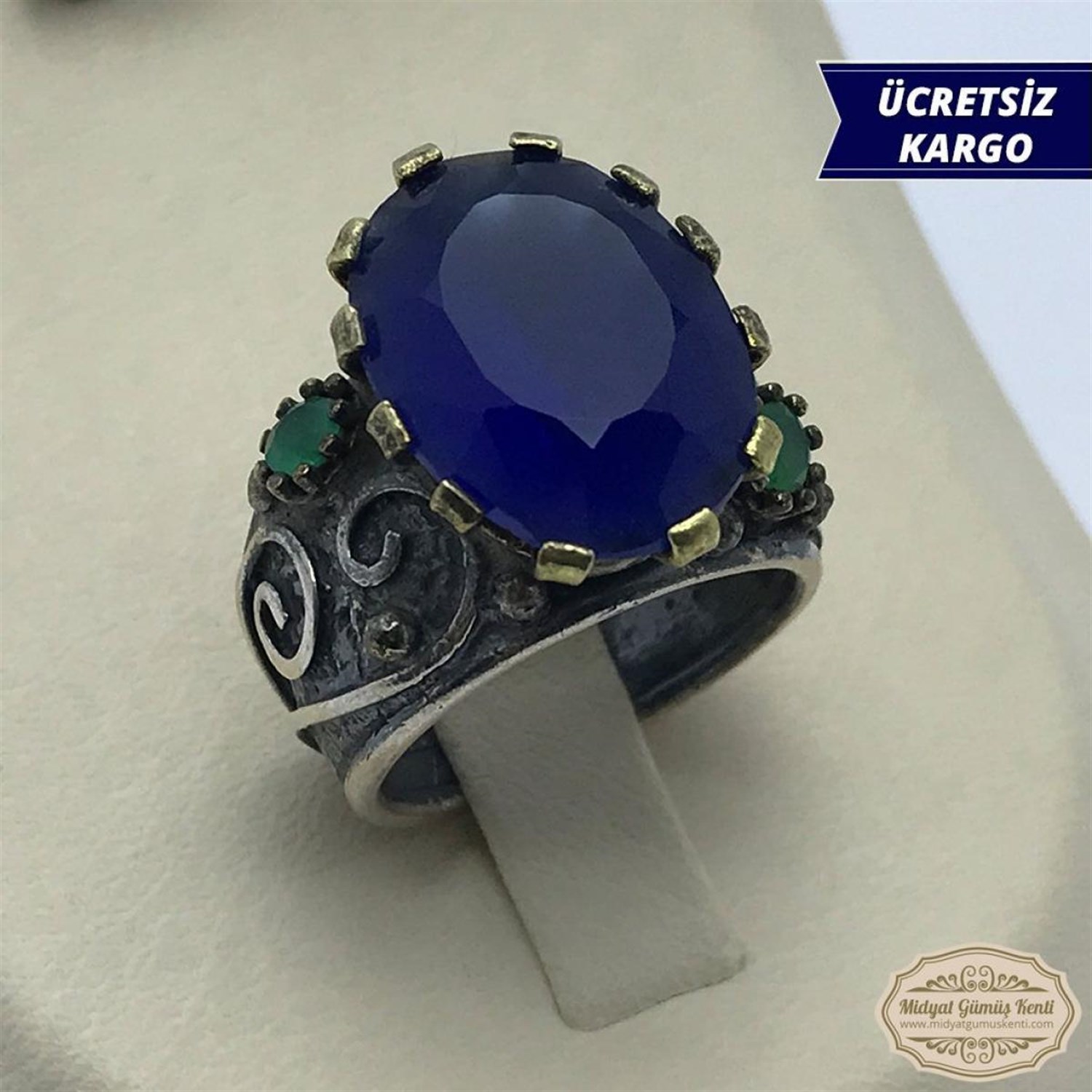 Safir Taşlı Elips Model 925 Ayar Otantik Bayan Gümüş Yüzük