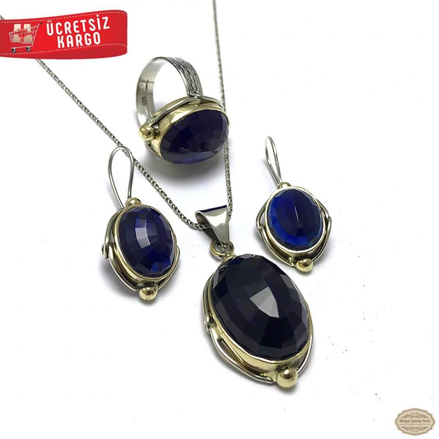 Safir Taşlı Elips Sarmal Model 925 Ayar Otantik Gümüş Üçlü Set 
