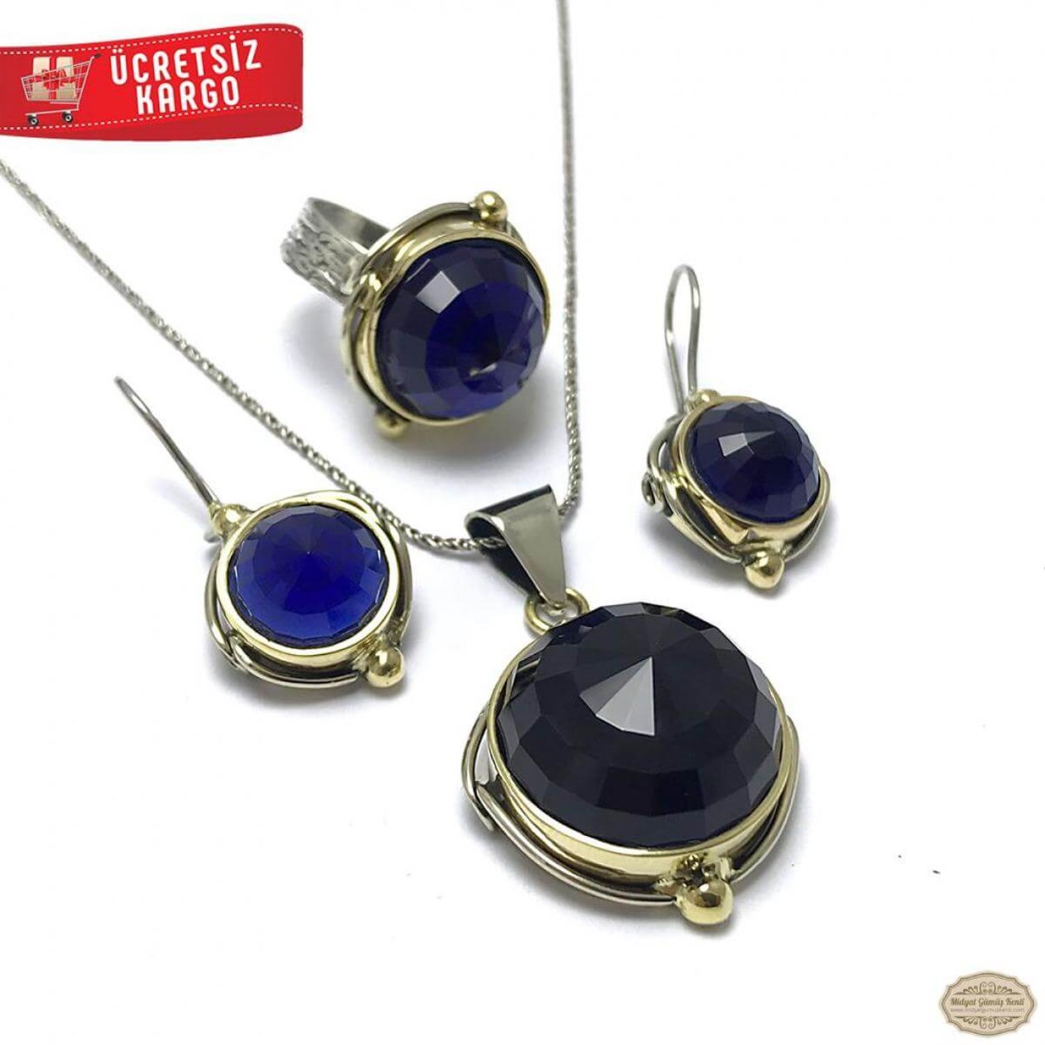 Safir Taşlı Elips Sarmal Model 925 Ayar Otantik Gümüş Üçlü Set 