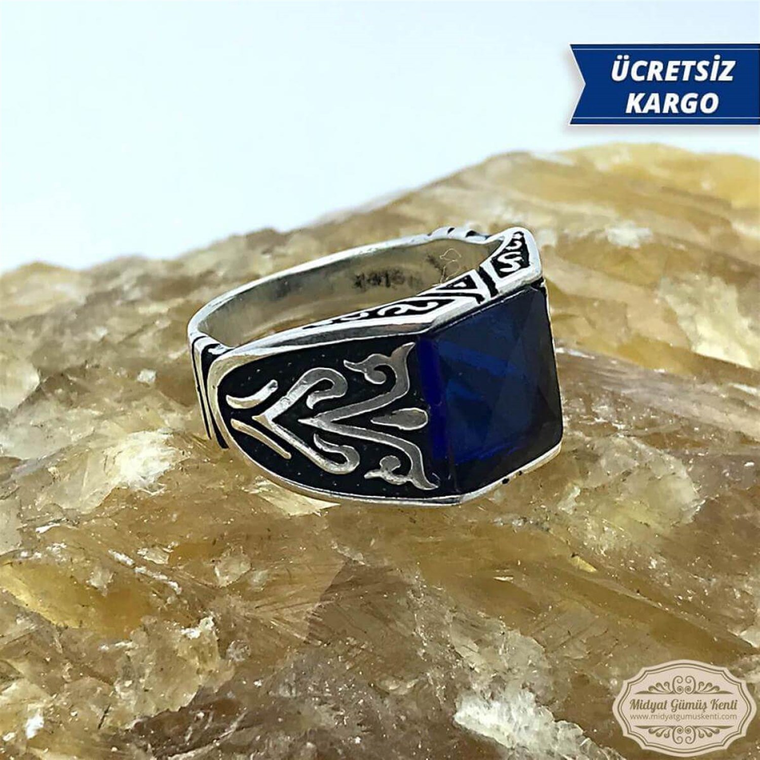Safir Taşlı Kare Sarmaşık işlemeli 925 Ayar Erkek Gümüş Yüzük
