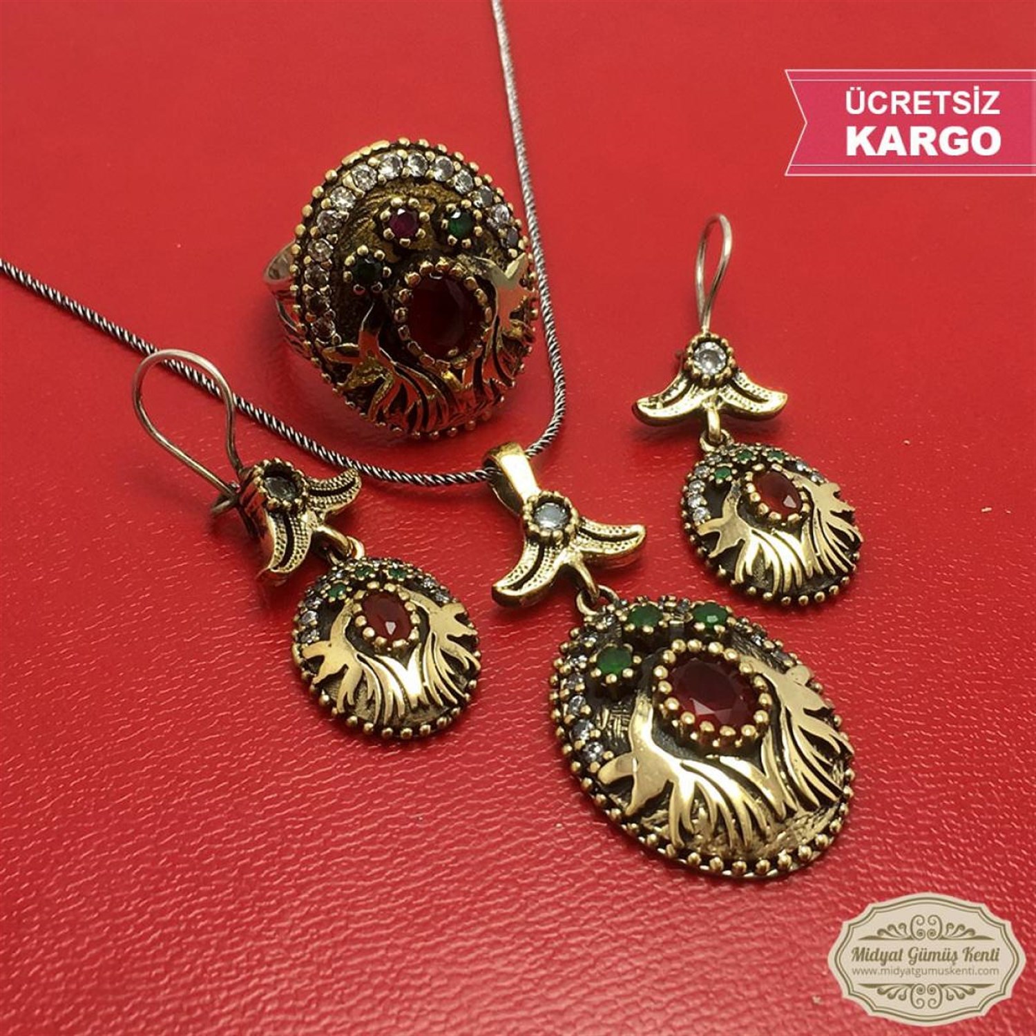 Safir Taşlı Mevlana Model Bayan Otantik Gümüş Üçlü Set