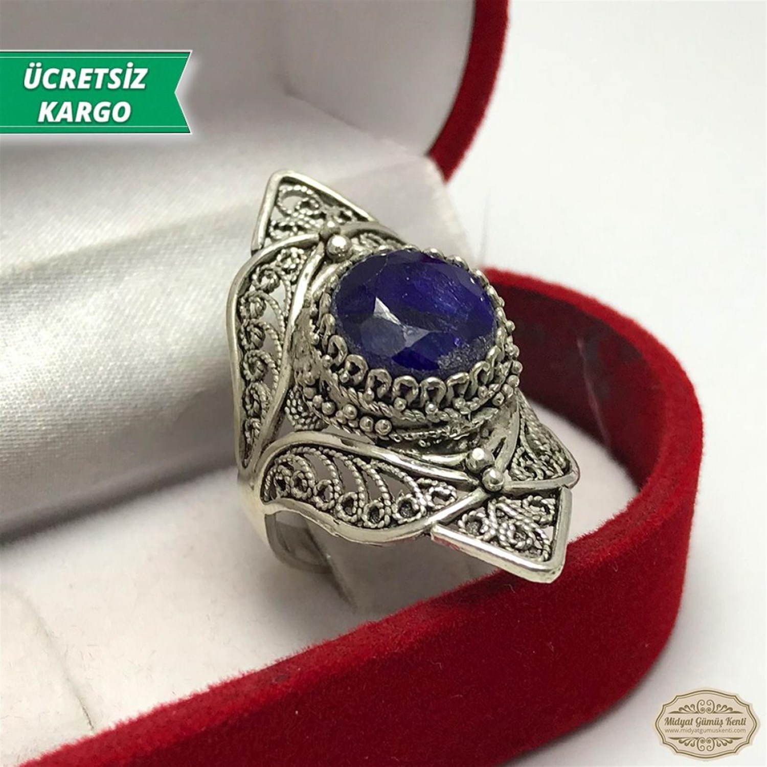 Safir Taşlı Midyat Telkari Bayan Gümüş Yüzük