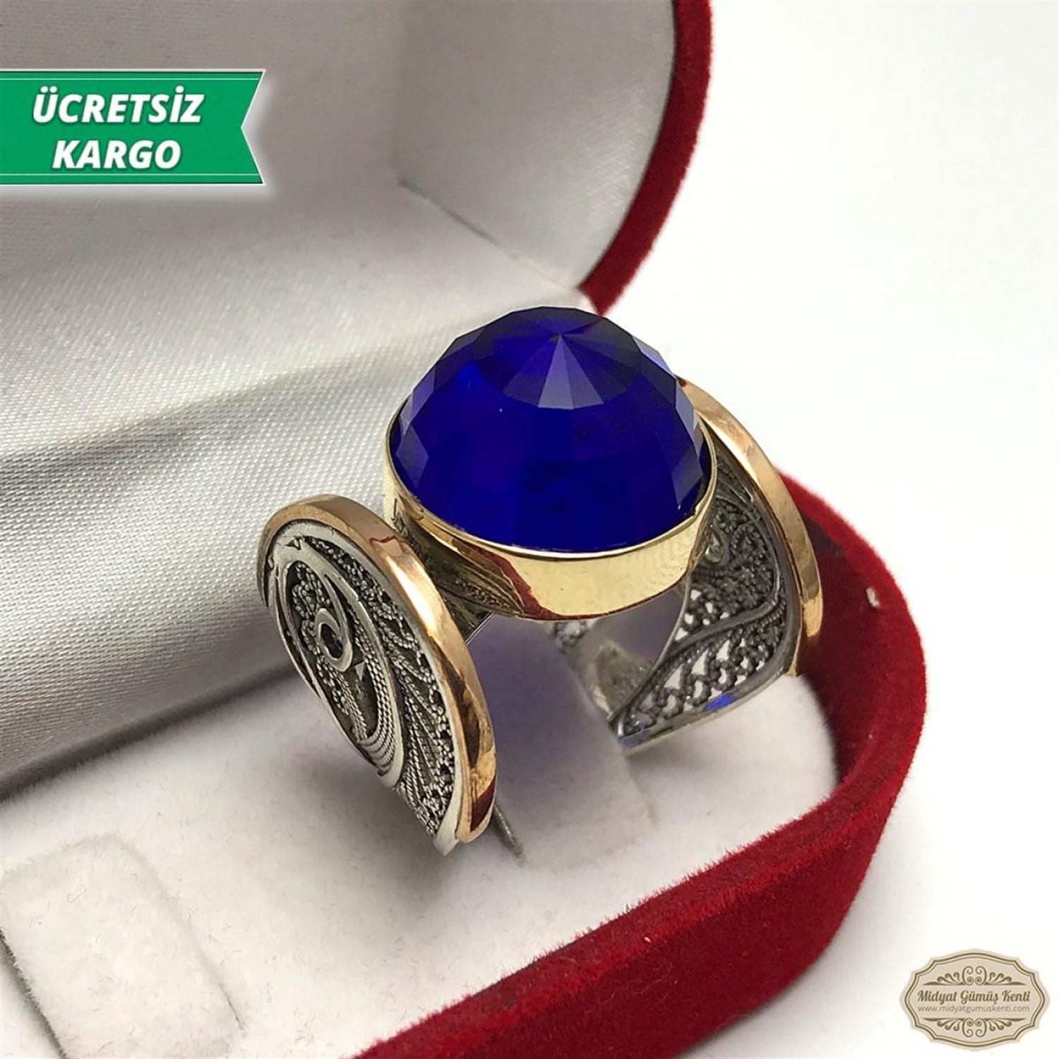 Safir Taşlı Midyat Telkari Bayan Gümüş Yüzük