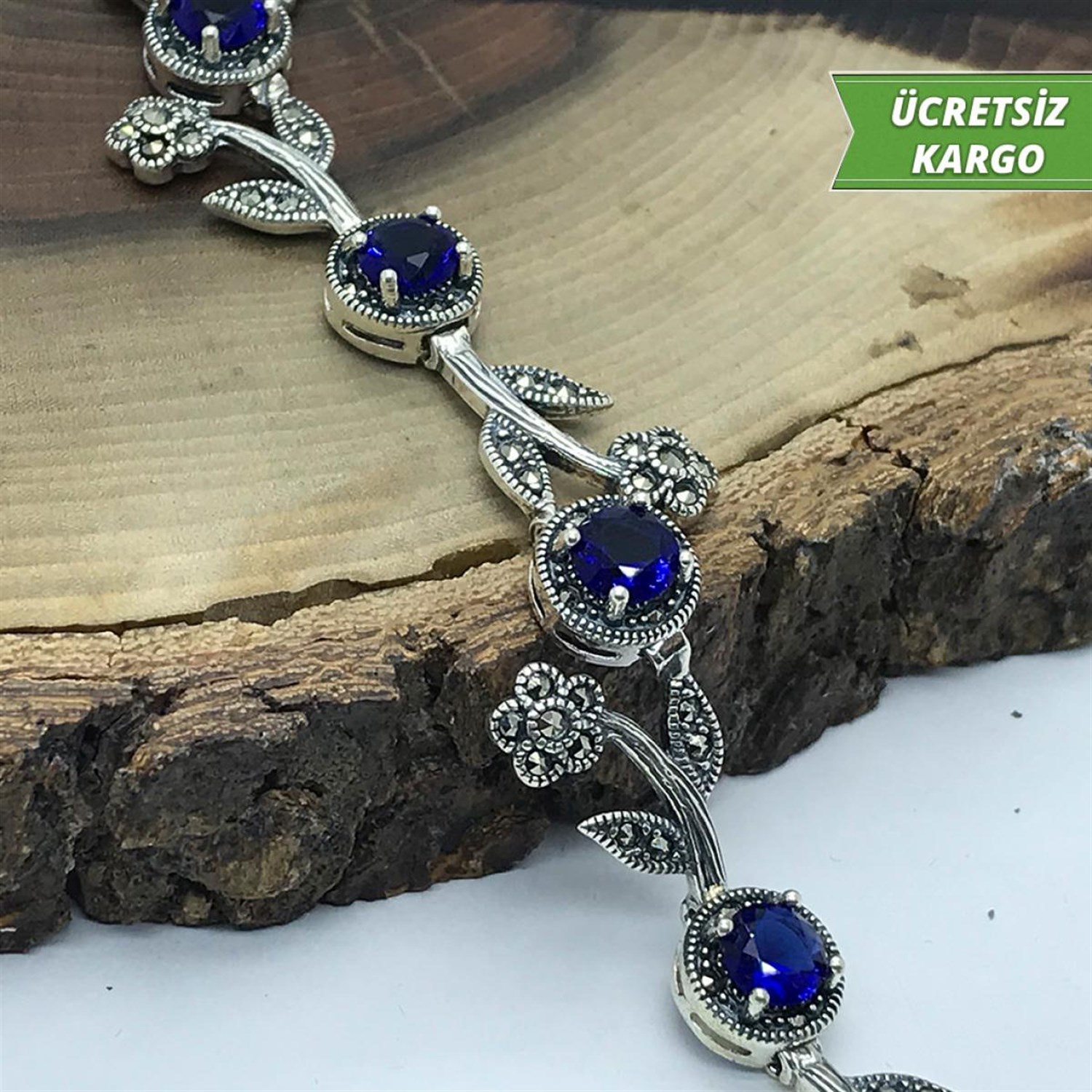 Safir Taşlı Papatya Model Markazit Bayan Gümüş Bileklik 