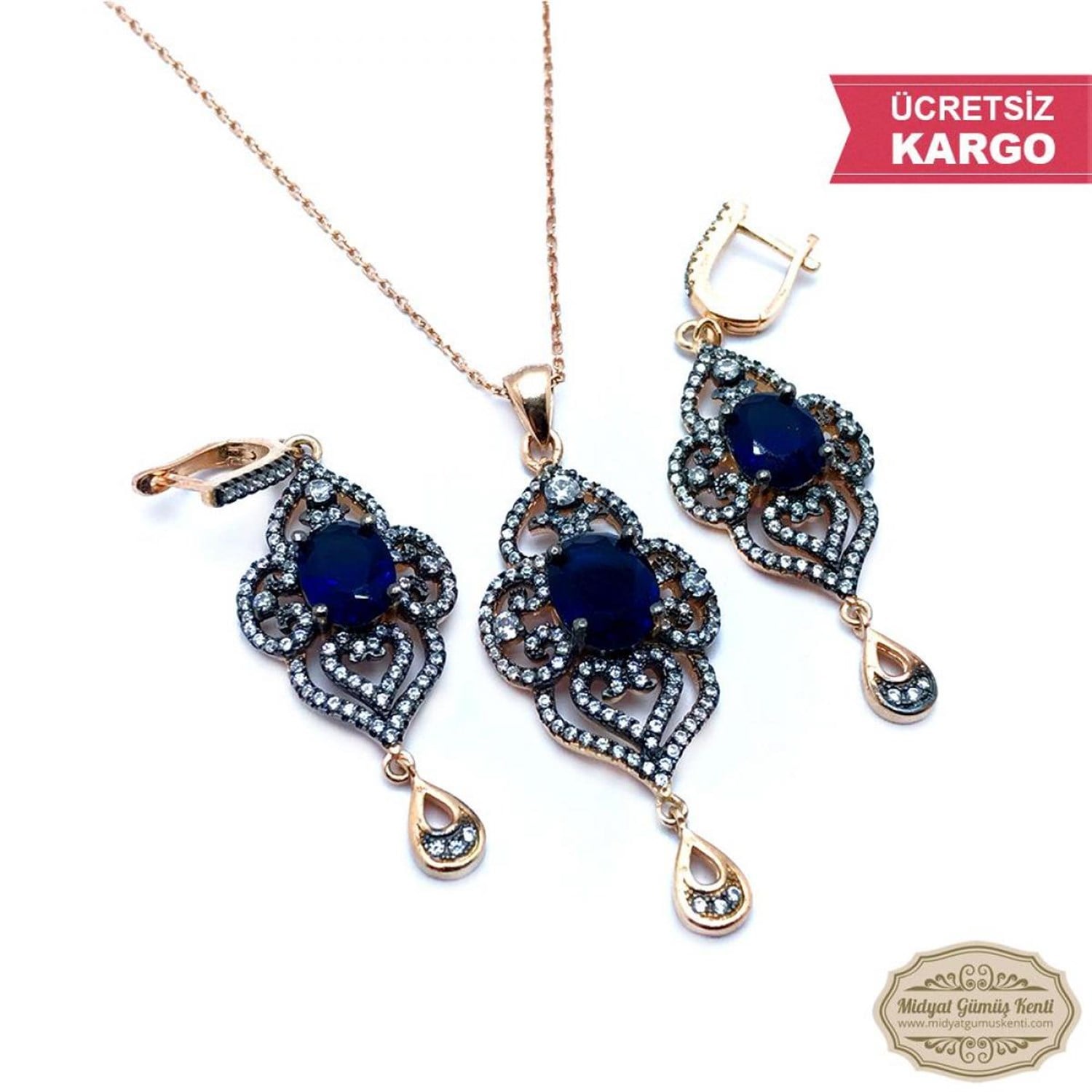 Safir Taşlı Rozlu Kalp Model Bayan Gümüş Üçlü Set