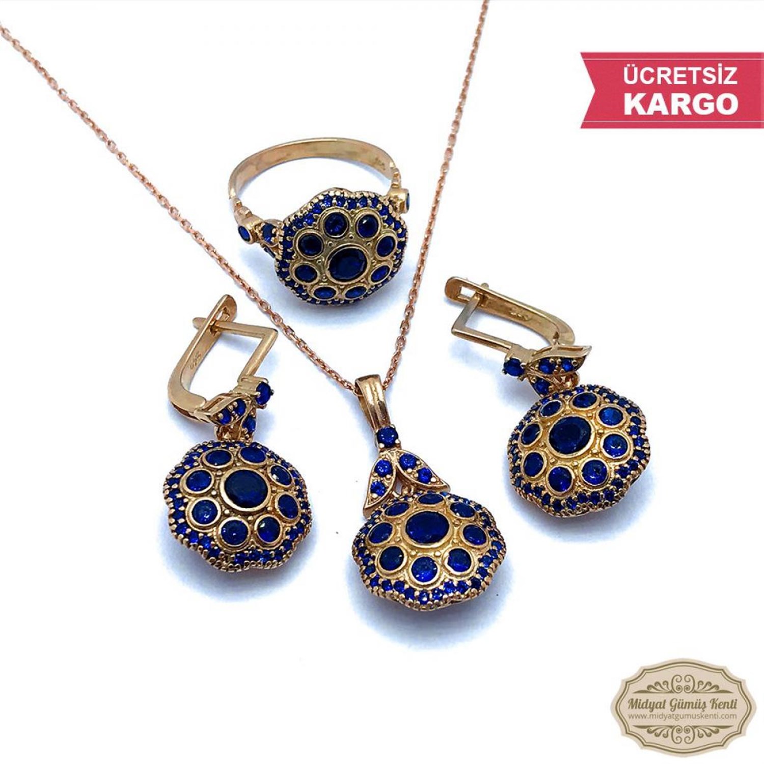 Safir Taşlı Rozlu Papatya Model Bayan Gümüş Üçlü Set