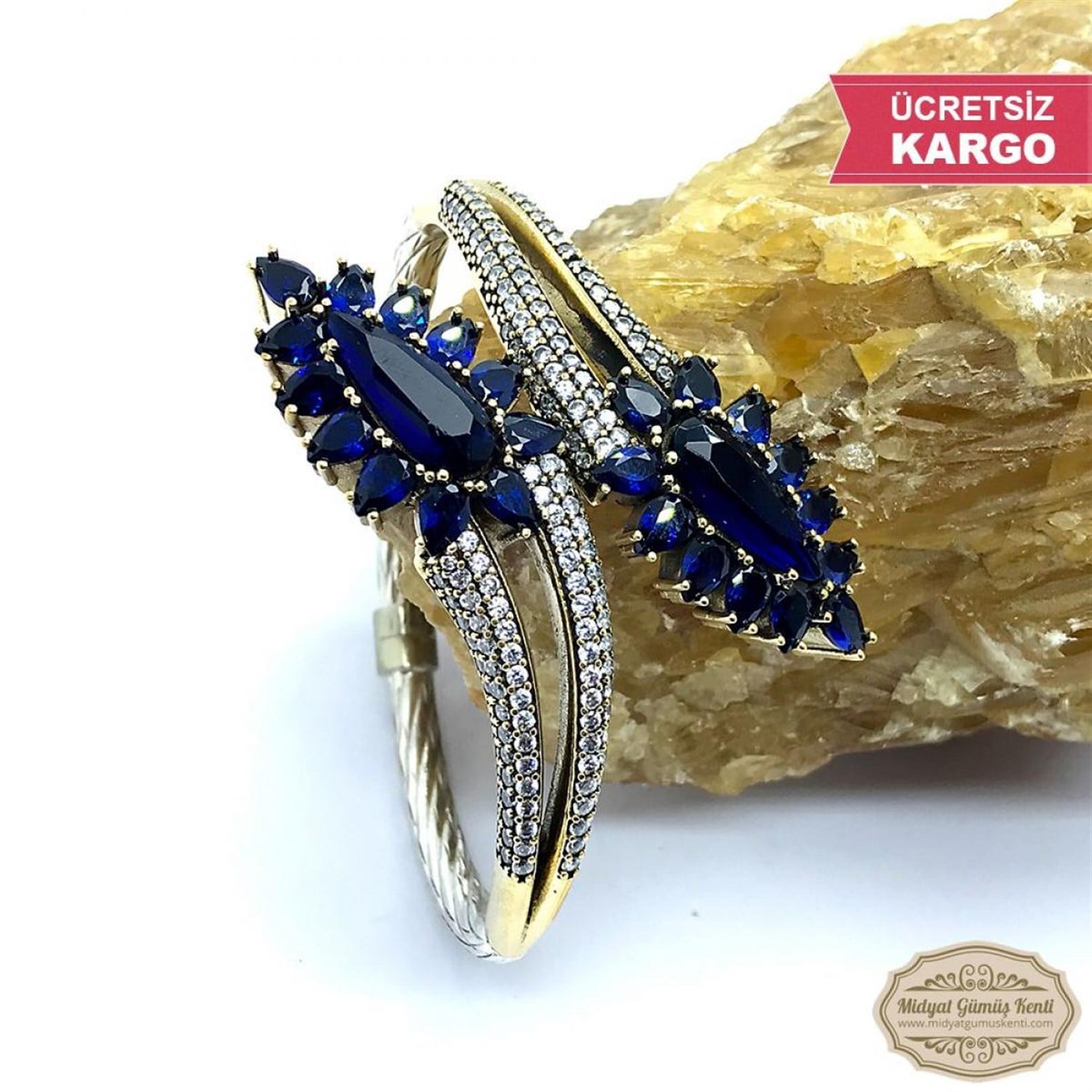 Safir Taşlı Yaprak Model Bayan Otantik Gümüş Bilezik