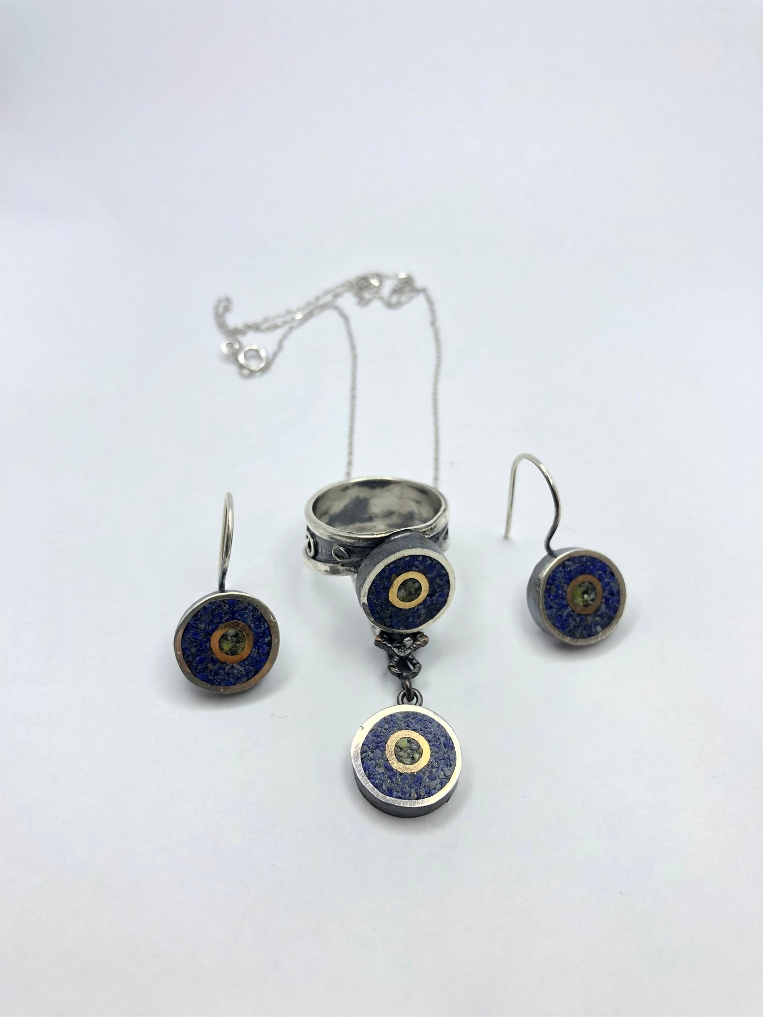 Safir Taşlı Yuvarlak Mozaik Tasarım Otantik Gümüş Set