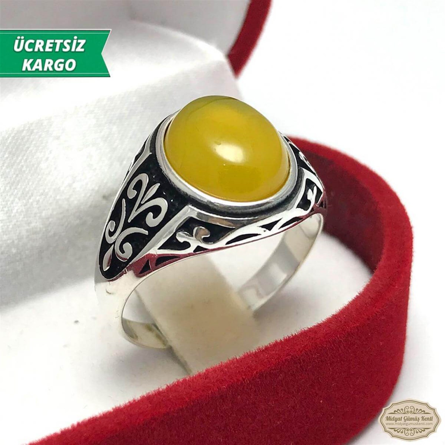 Sarı Kehribar Taşlı Erkek Gümüş Yüzük