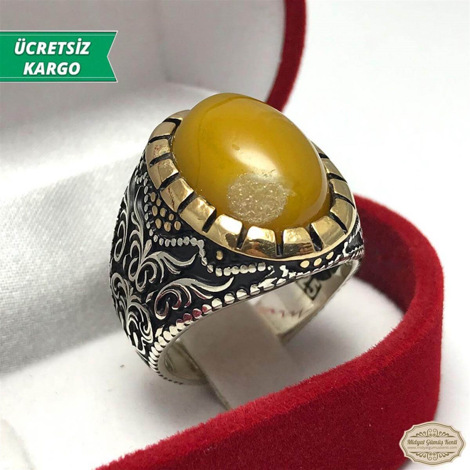 Sarı Kehribar Taşlı Erkek Gümüş Yüzük