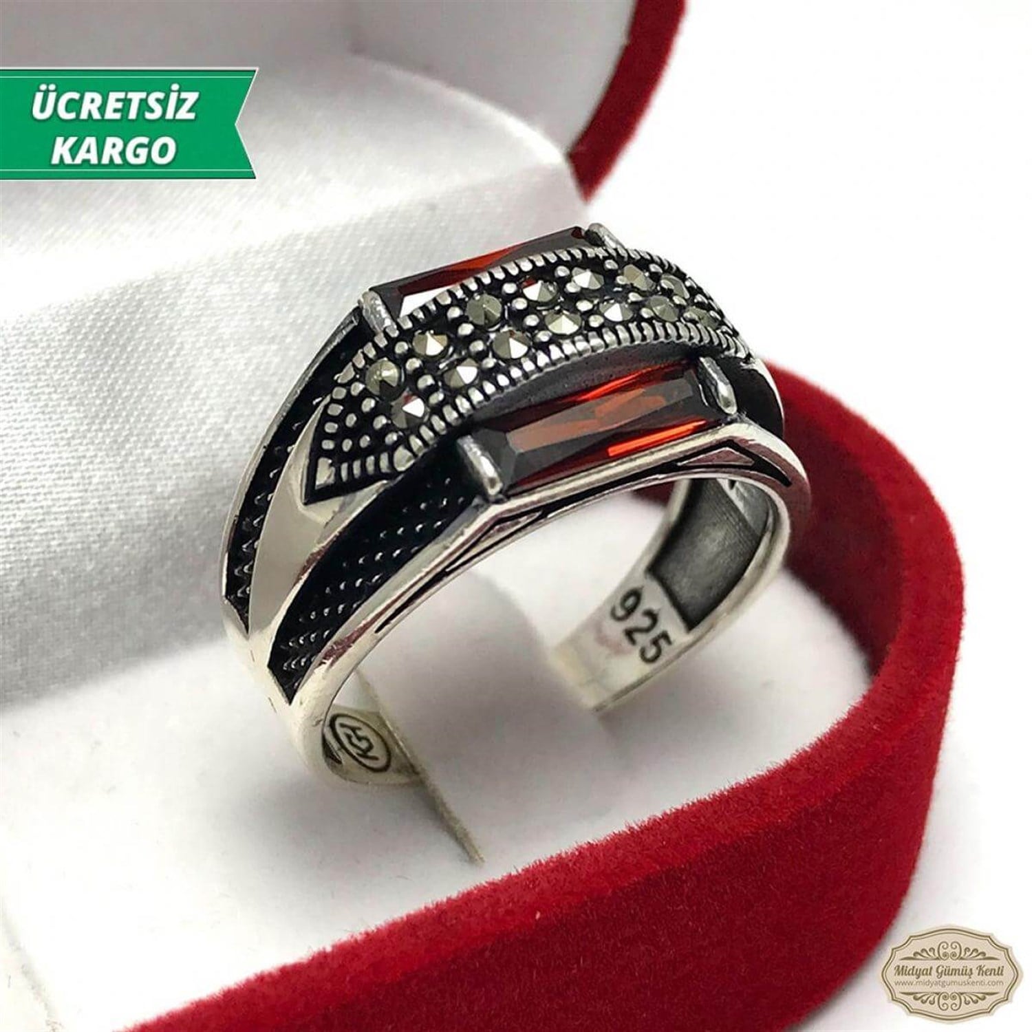 Sarmallı Model Kırmızı Zirkon ve Markazit Taşlı Erkek Gümüş Yüzük