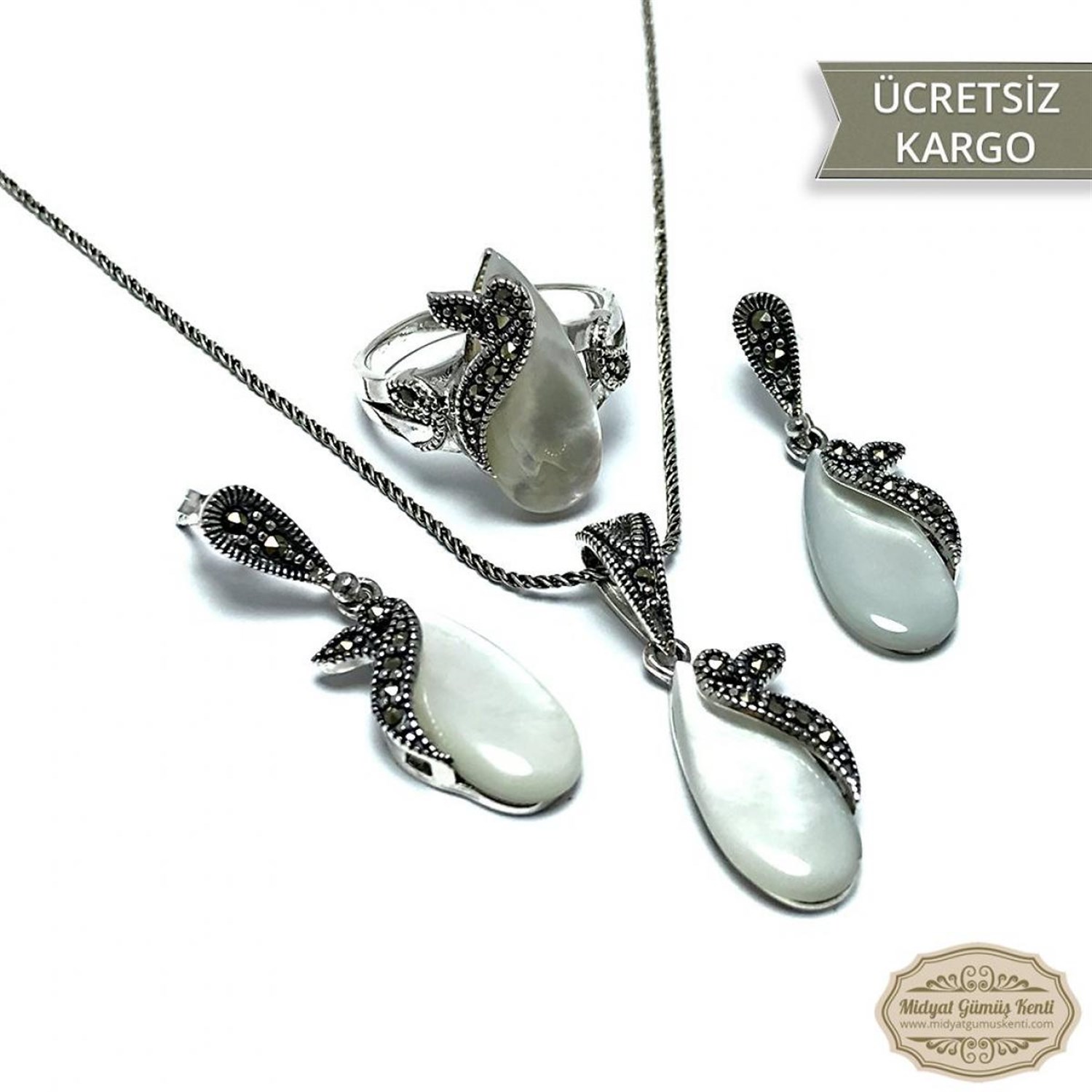 Sedef Taşlı Damla Model Markazit Gümüş Üçlü Set