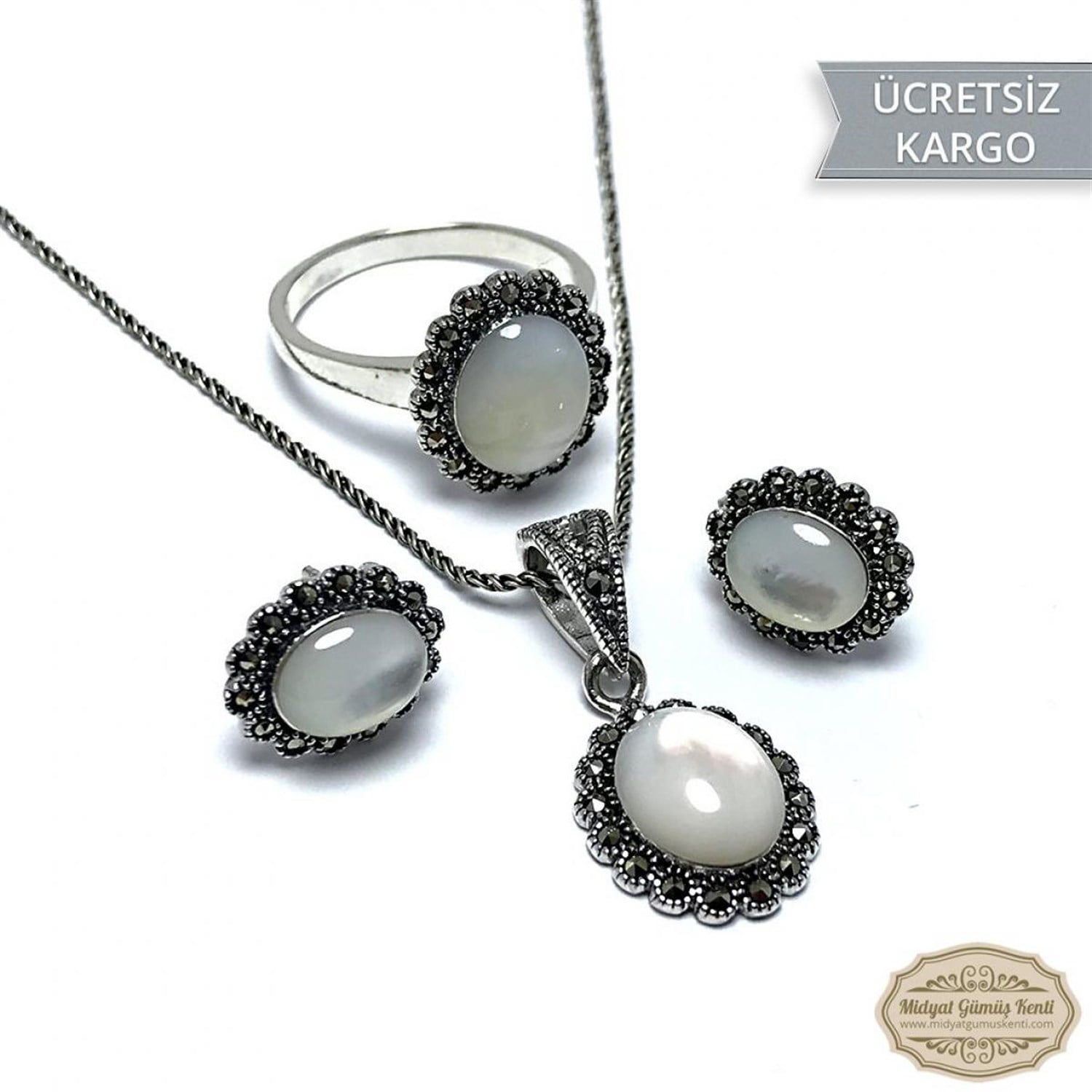 Sedef Taşlı Elips Model Markazit Gümüş Üçlü Set