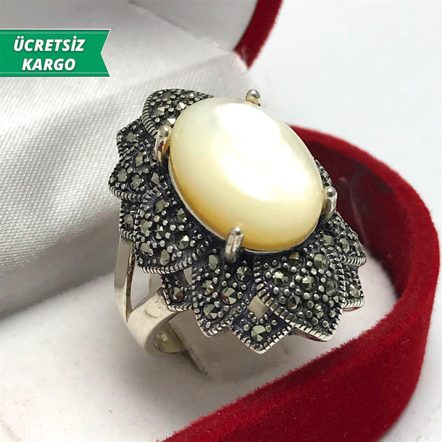 Sedef Taşlı Markazit Bayan Gümüş Yüzük