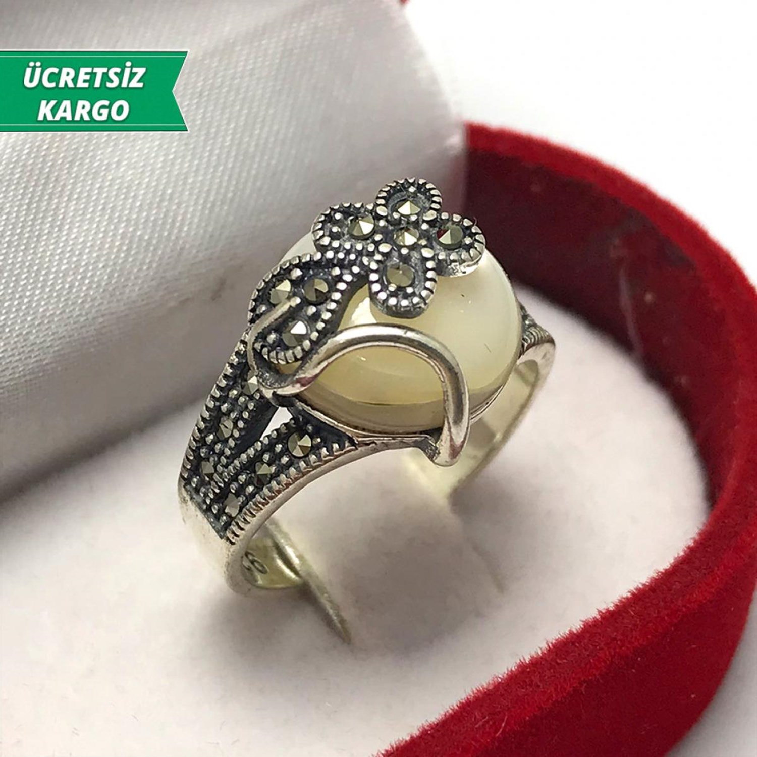 Sedef Taşlı Markazit Bayan Gümüş Yüzük