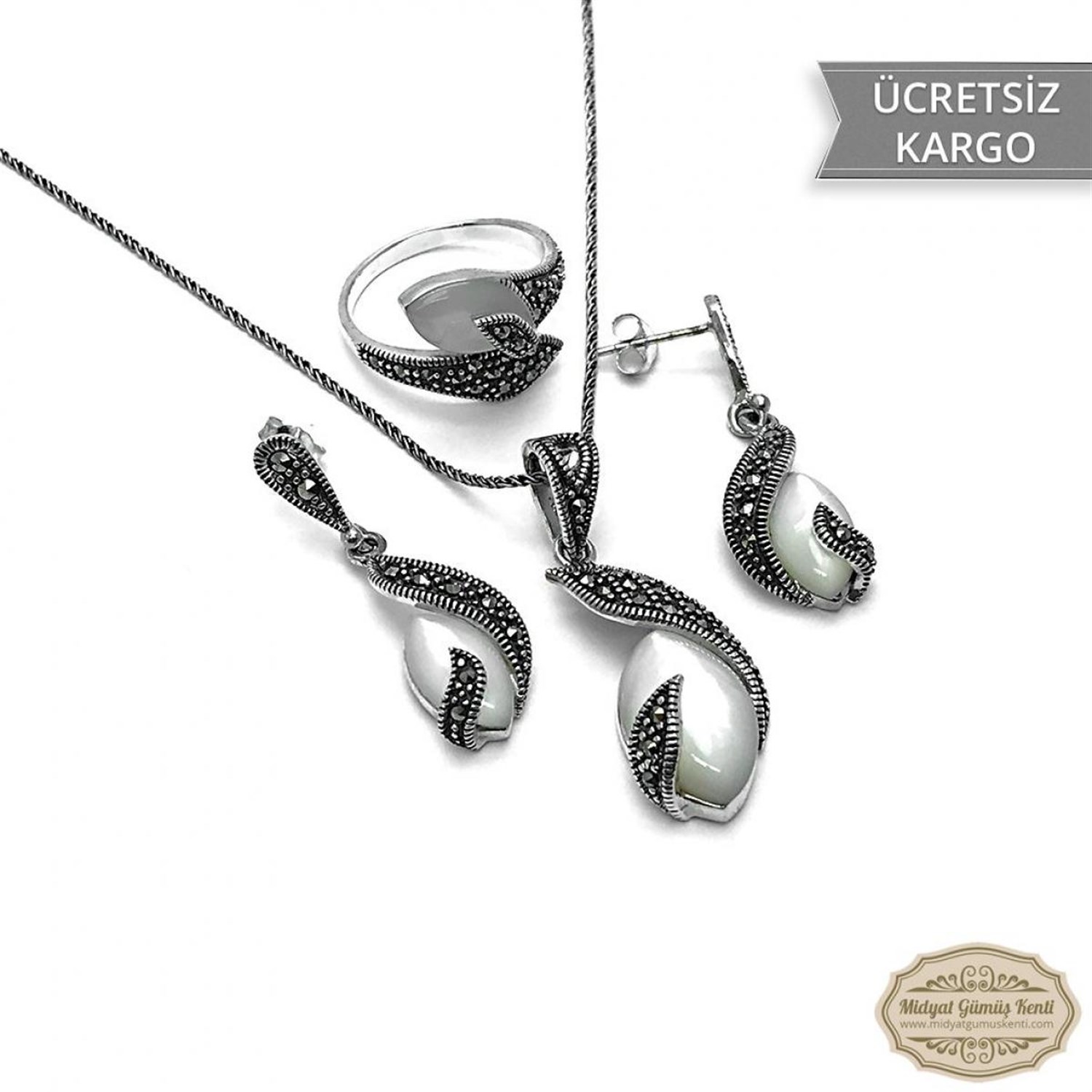 Sedef Taşlı Sarmal Çekik Model Markazit Gümüş Üçlü Set