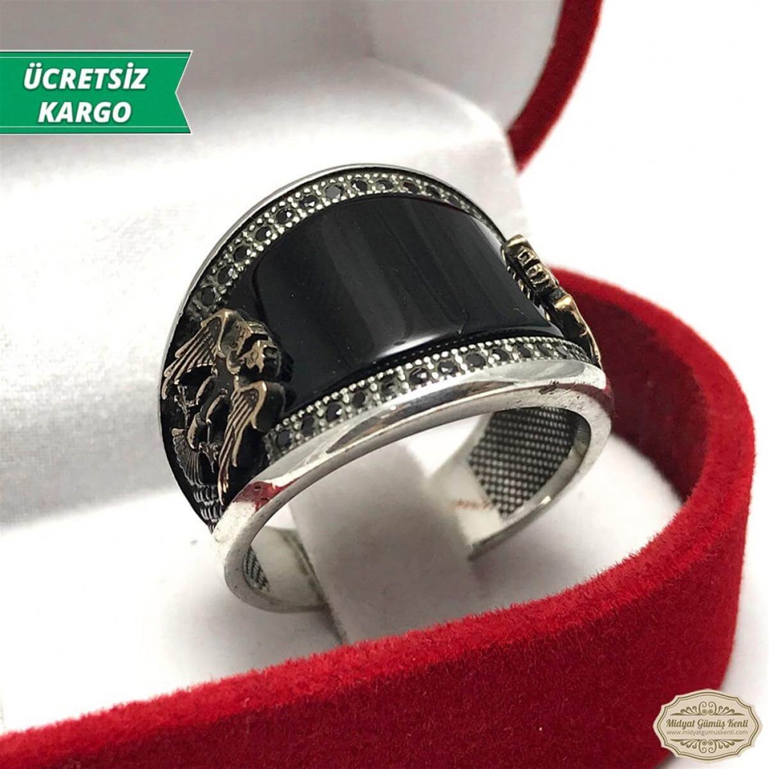 Selçuk Kartallı Model Oniks Taşlı Erkek Gümüş Yüzük
