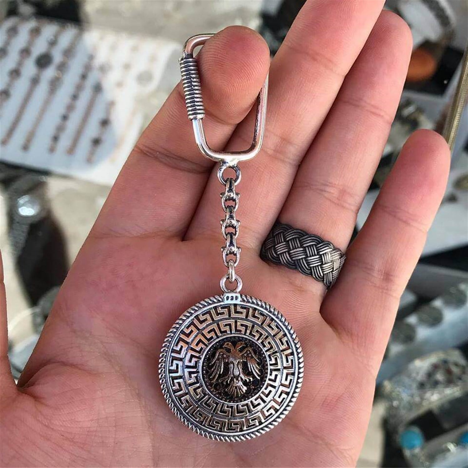 Selçuklu Kartalı işlemeli 925 Ayar Telkari Gümüş Anahtarlık