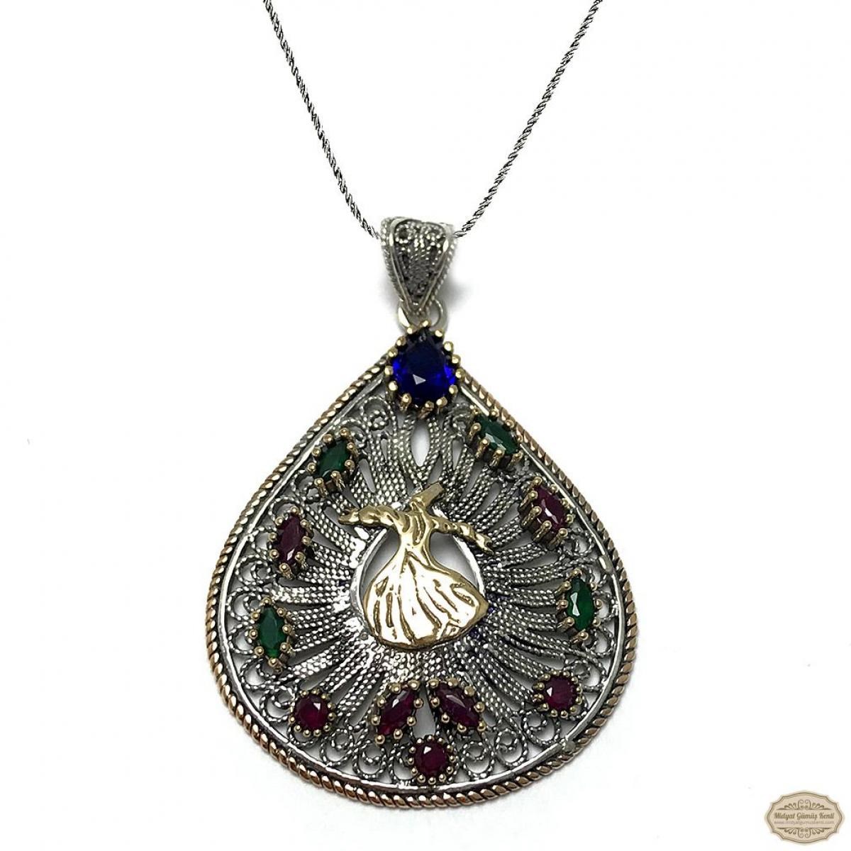 Semazen İşlemeli Damla Model Oksitli Telkari Gümüş Kolye