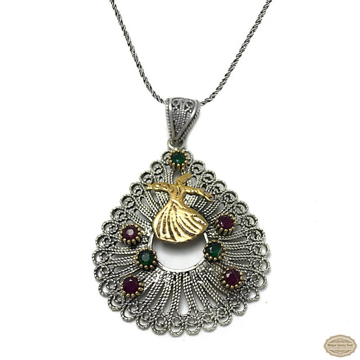Semazen İşlemeli Damla Model Oksitli Telkari Gümüş Kolye