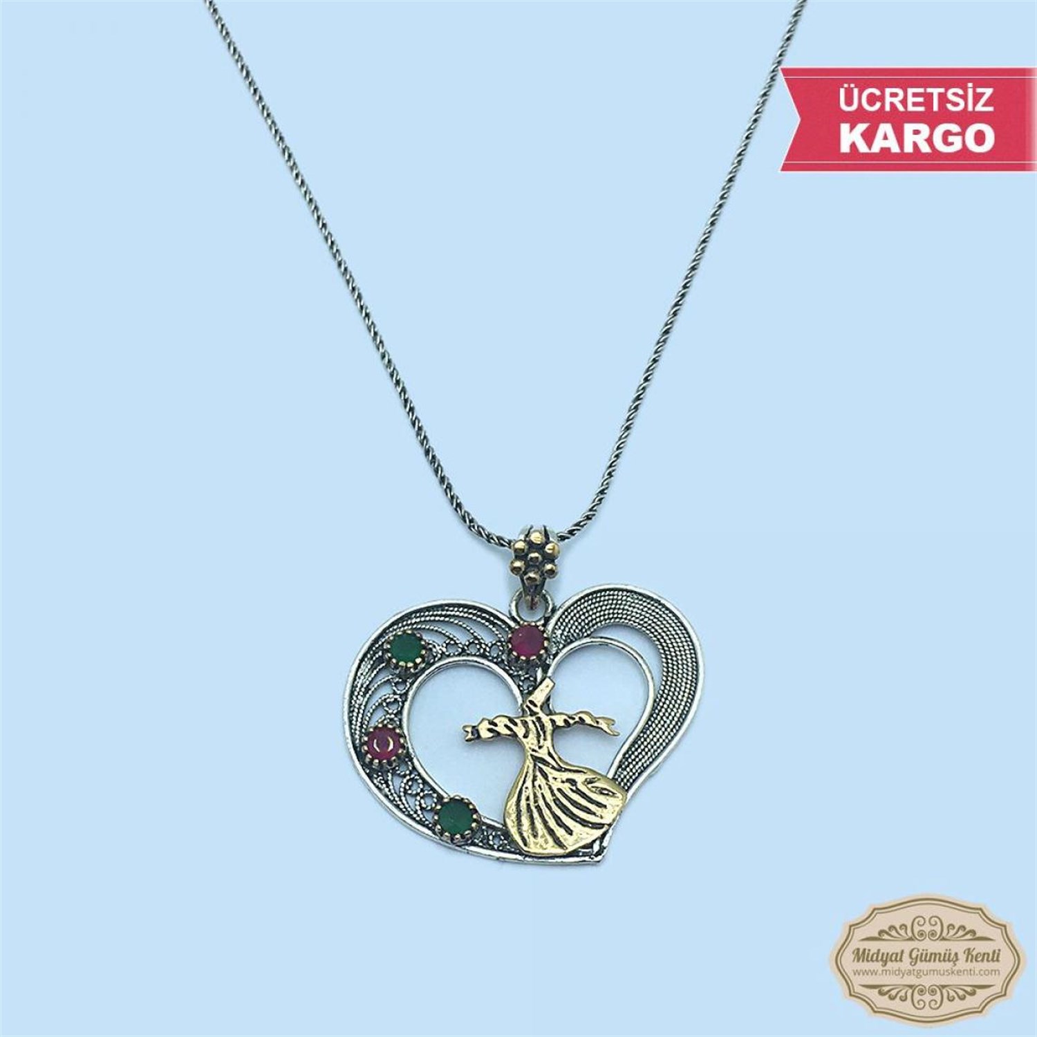 Semazen Kalp Model Bayan Oksitli Telkari Gümüş Kolye Ucu