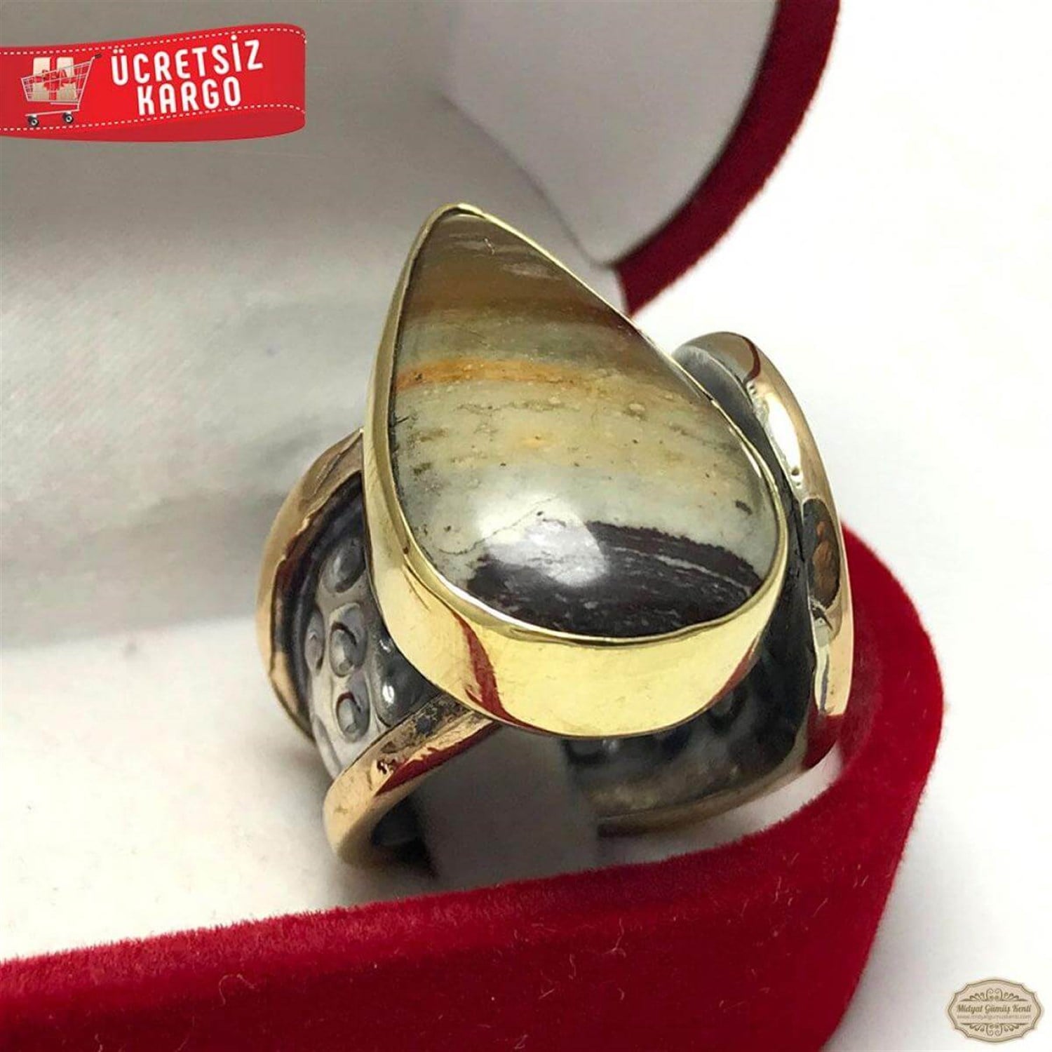 Seramik Taşlı Damla Model Otantik Bayan Gümüş Yüzük 