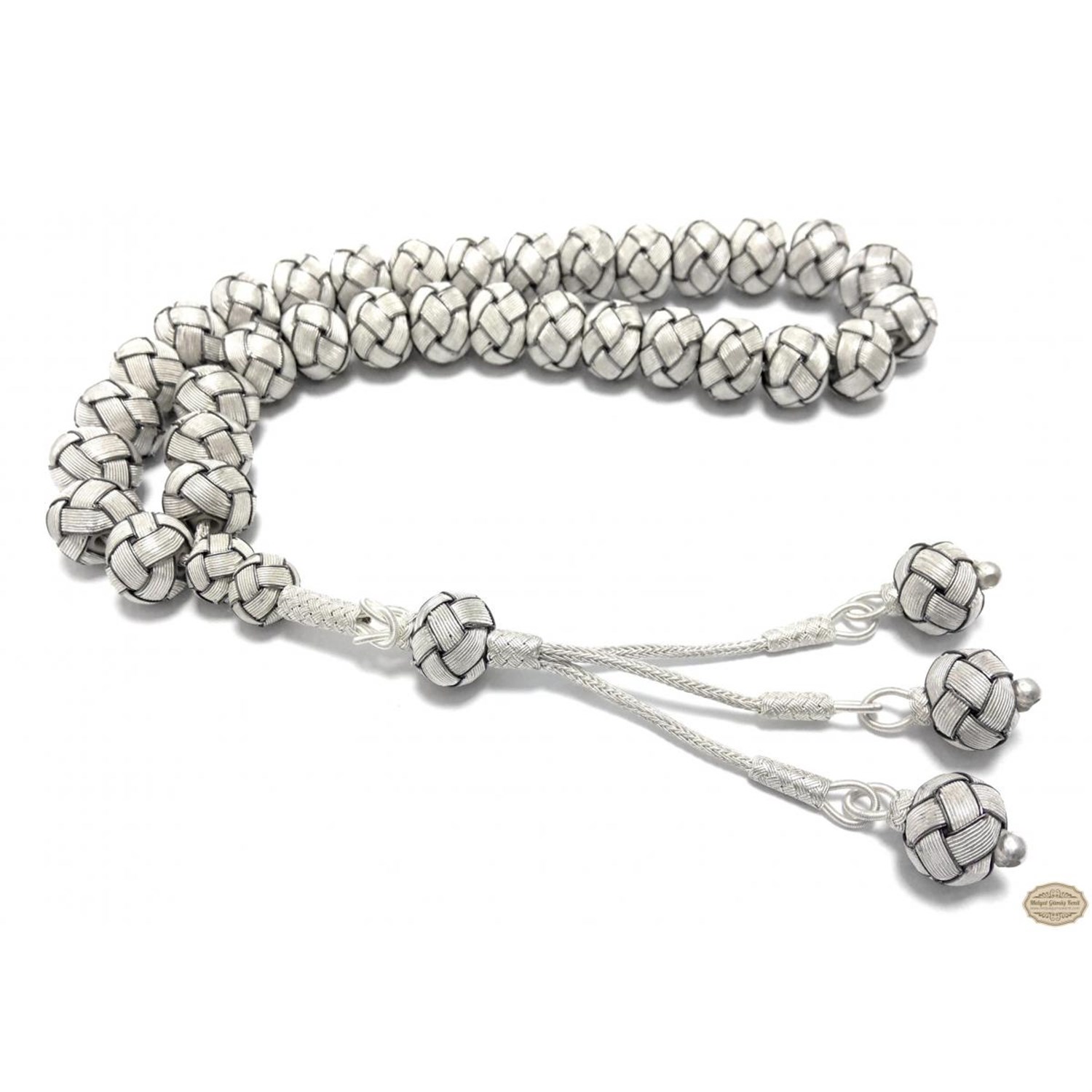 Siyah Beyaz Renkte 1000 Ayar El Örmesi Kazaziye Gümüş Tesbih