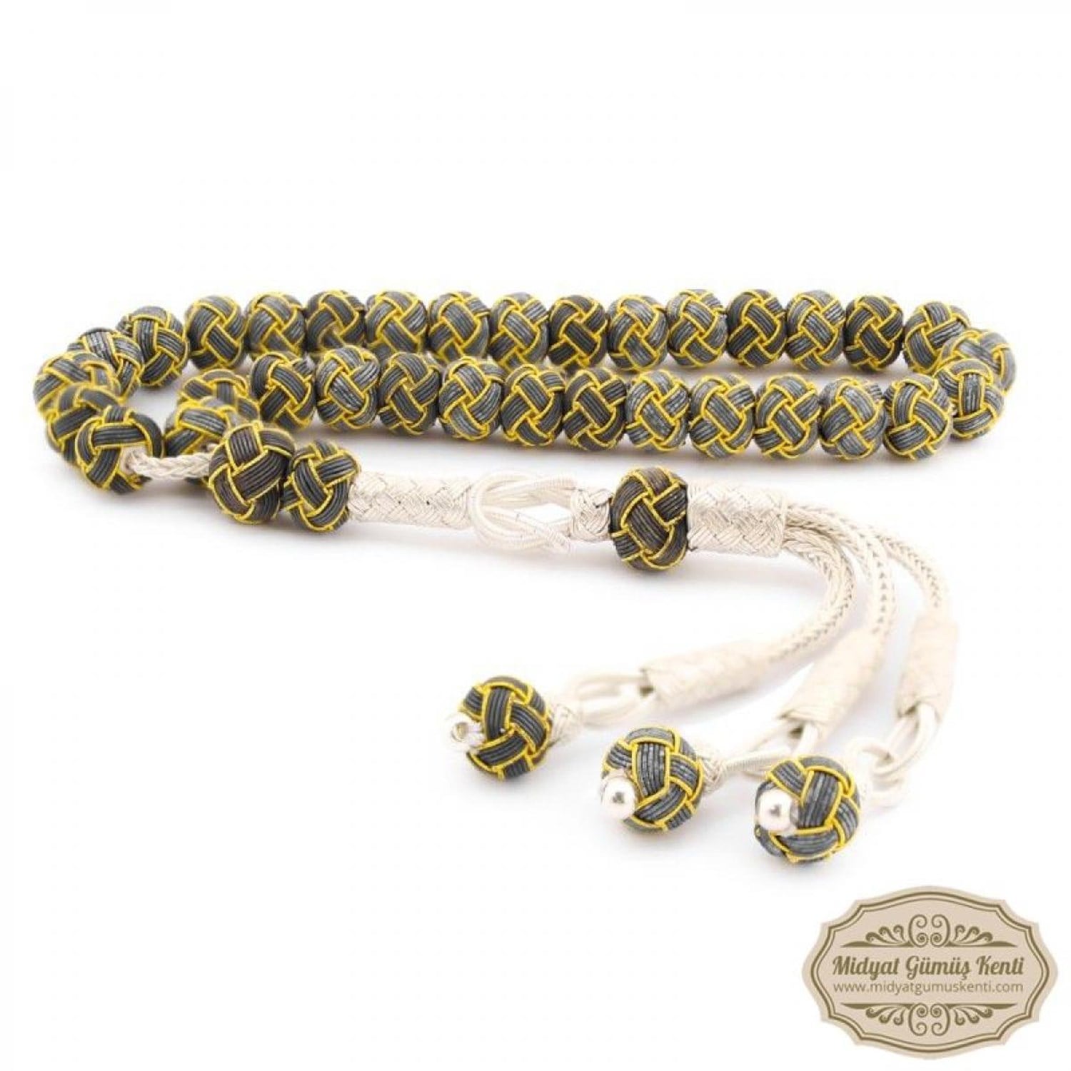 Siyah Sarı Model 1000 Ayar El Örmesi Kazaziye Gümüş Tesbih