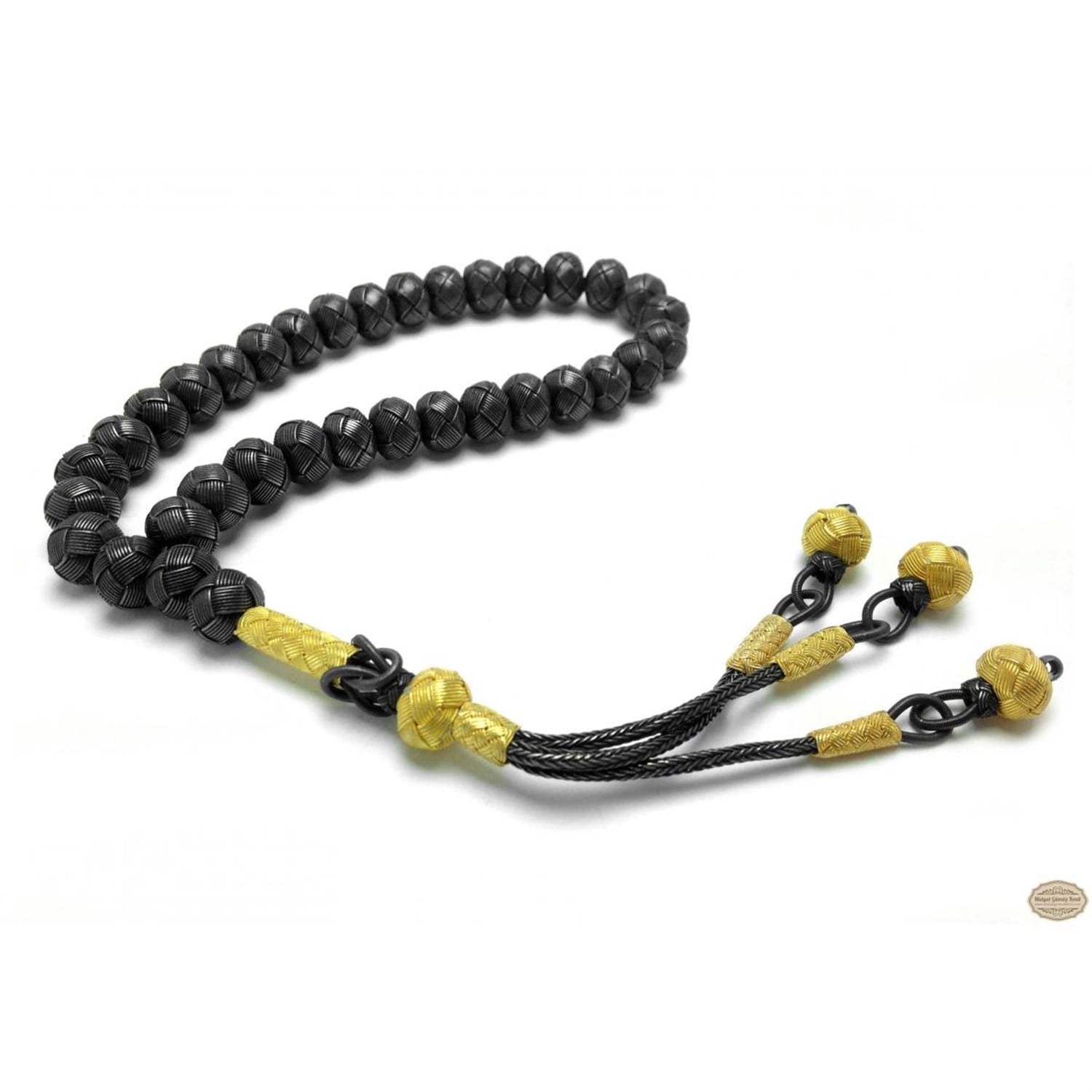 Siyah Sarı Renkte 1000 Ayar El Örmesi Kazaziye Gümüş Tesbih