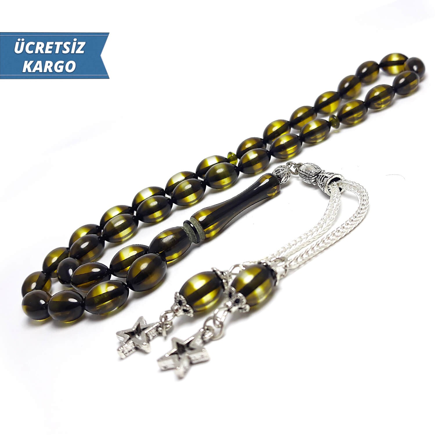 Siyah ve Bal Renginde Arpa Kesim Sürmeli Toz Kehribar Tesbih
