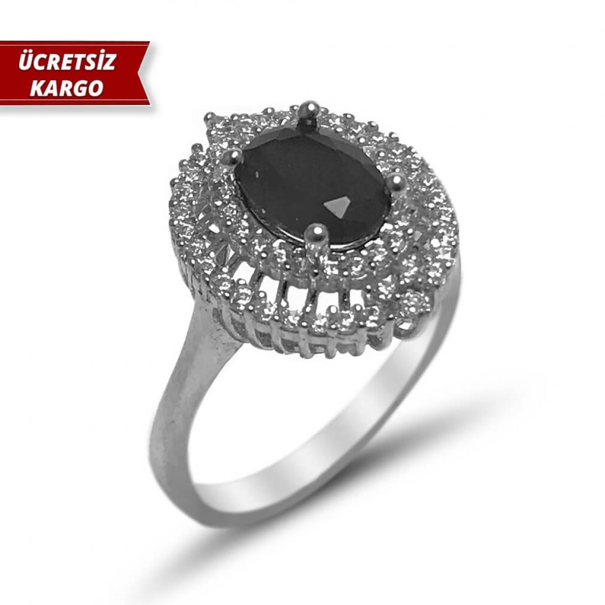 Siyah Zirkon Taşlı Yuvarlak Model Zirkon Gümüş Yüzük 