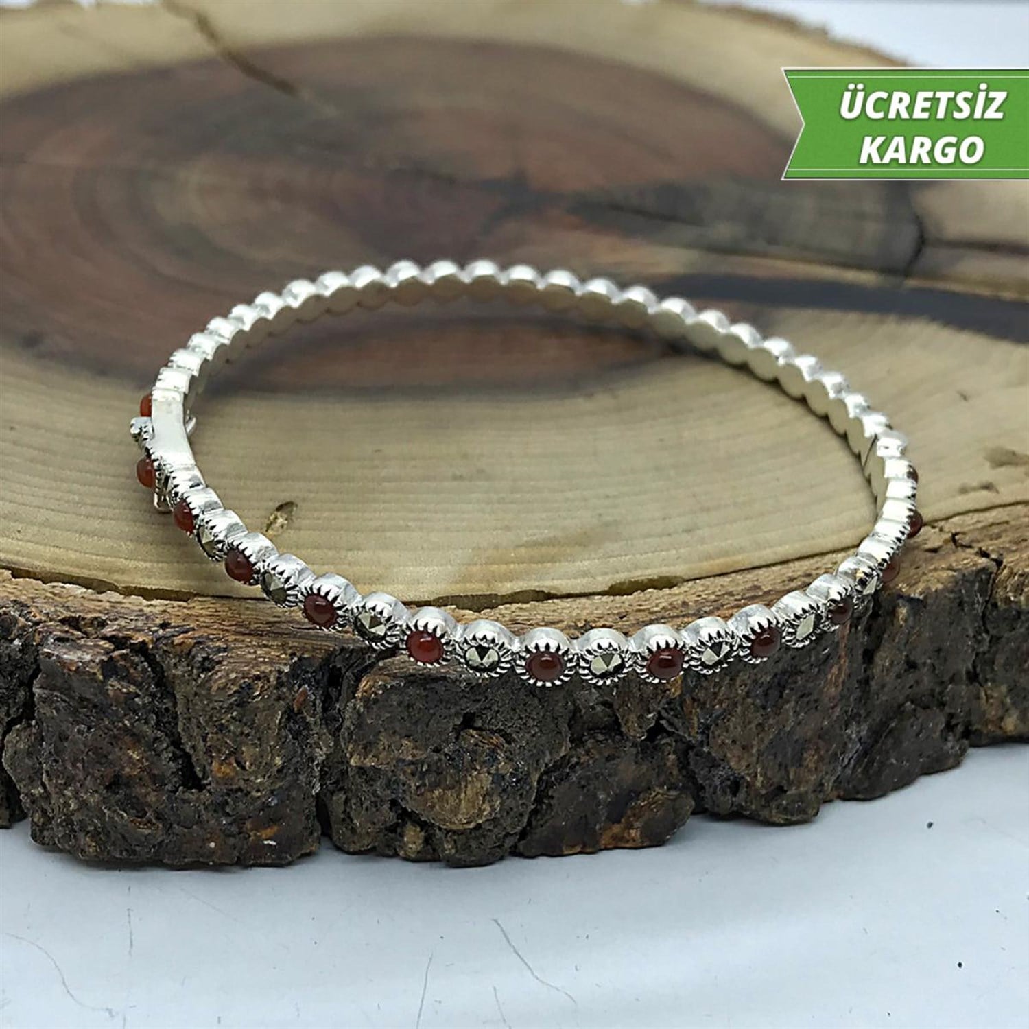 Taş Dizimli Model Markazit Midyat Bayan Gümüş Bilezik