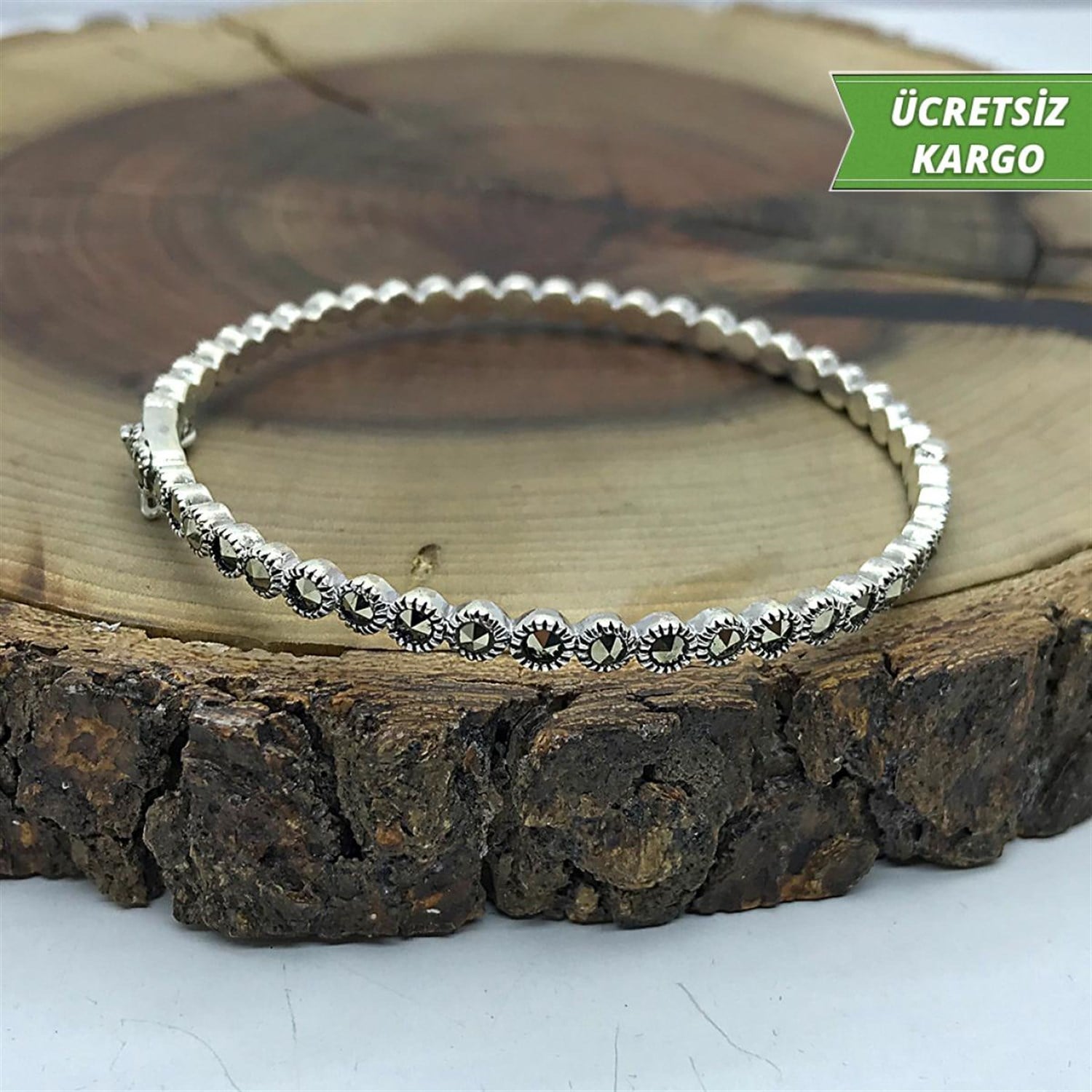 Taş Dizimli Model Markazit Midyat Bayan Gümüş Bilezik