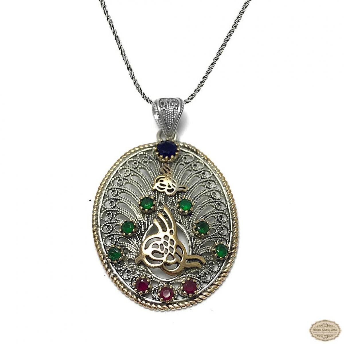 Tuğra İşlemeli Elips Model Oksitli Telkari Gümüş Kolye