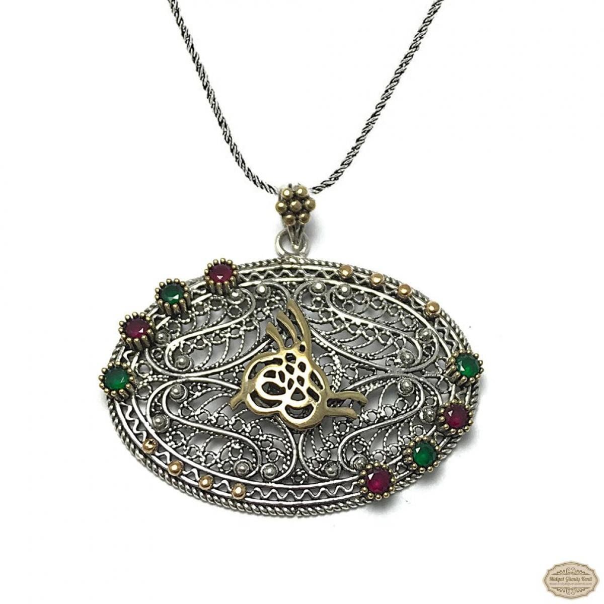 Tuğra İşlemeli Elips Model Oksitli Telkari Gümüş Kolye
