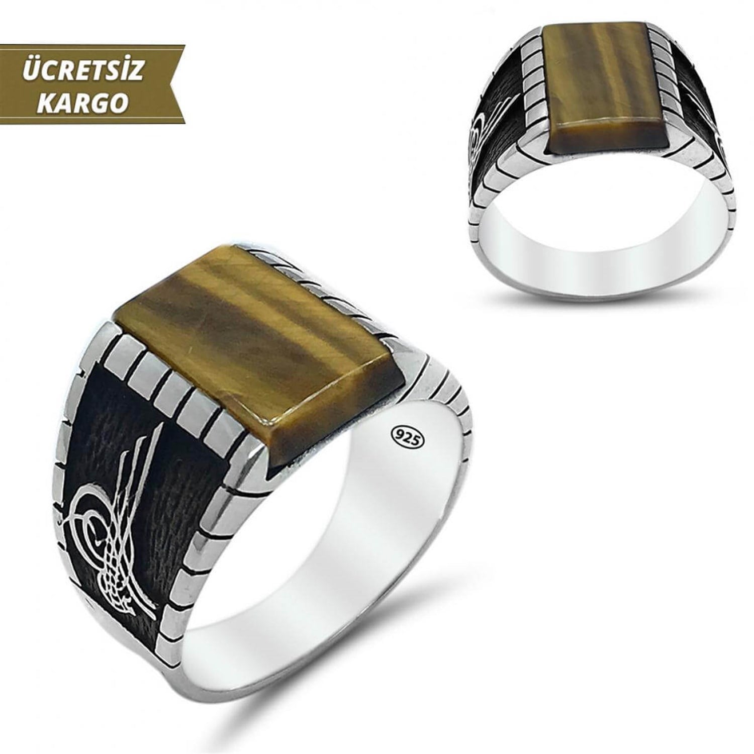 Tuğralı Model Kaplan Gözü Erkek Gümüş Yüzük