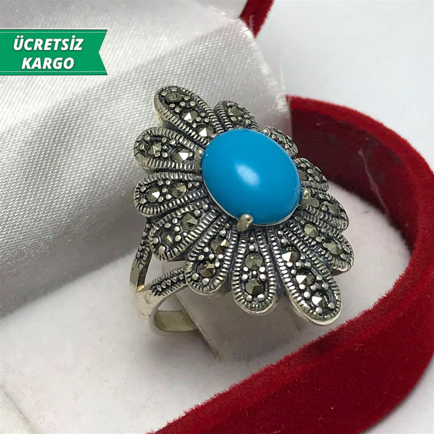 Turkuaz Taşlı Markazit Bayan Gümüş Yüzük