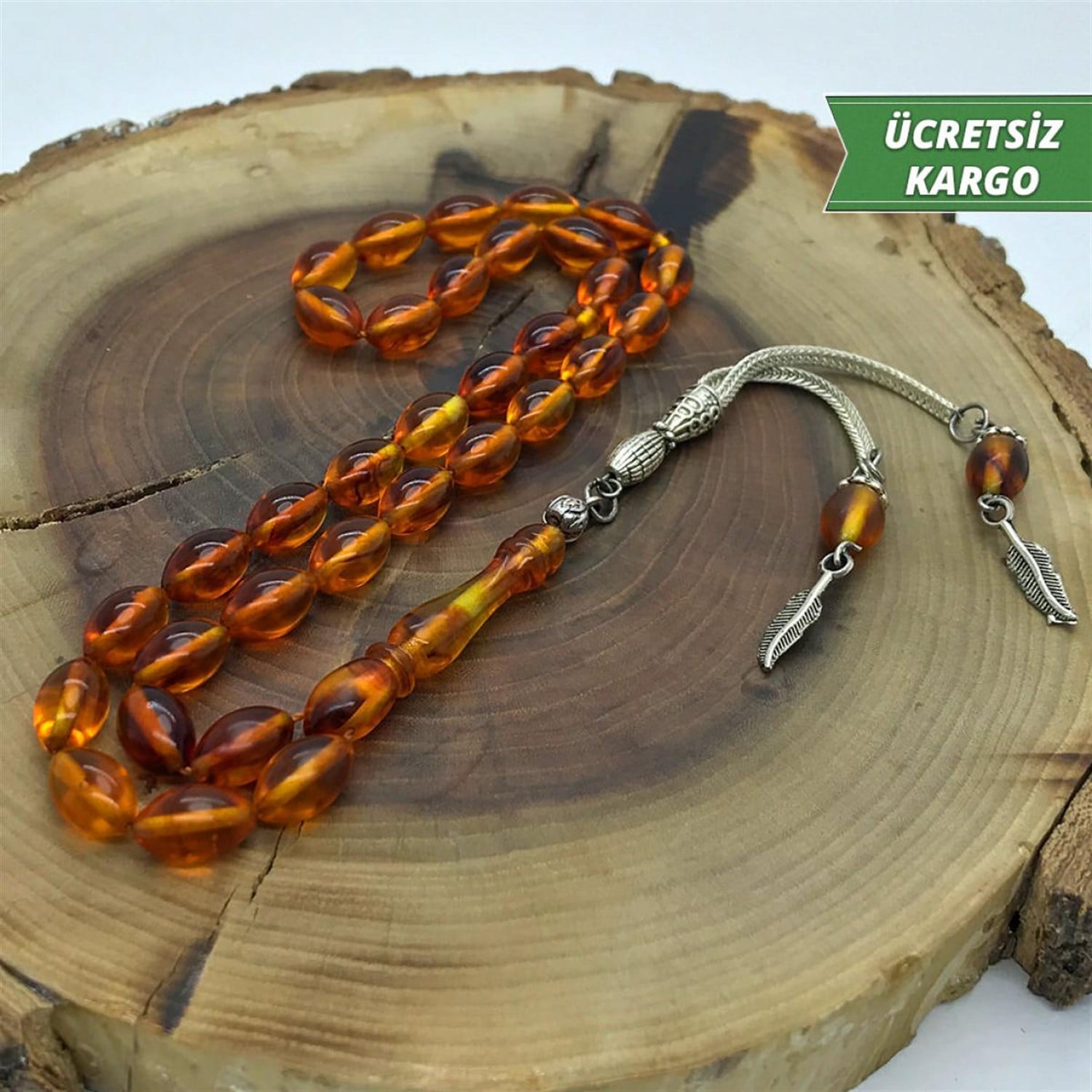 Turuncu Renkte Hareli Ateş Toz Kehribar Tesbih