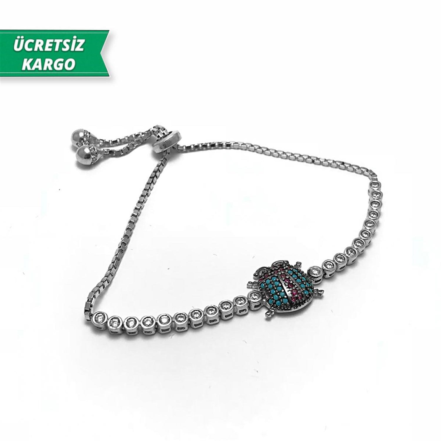 Uğur Böceği Model Ametist-Firuze Taşlı Rose Kaplama Bayan Gümüş Bileklik
