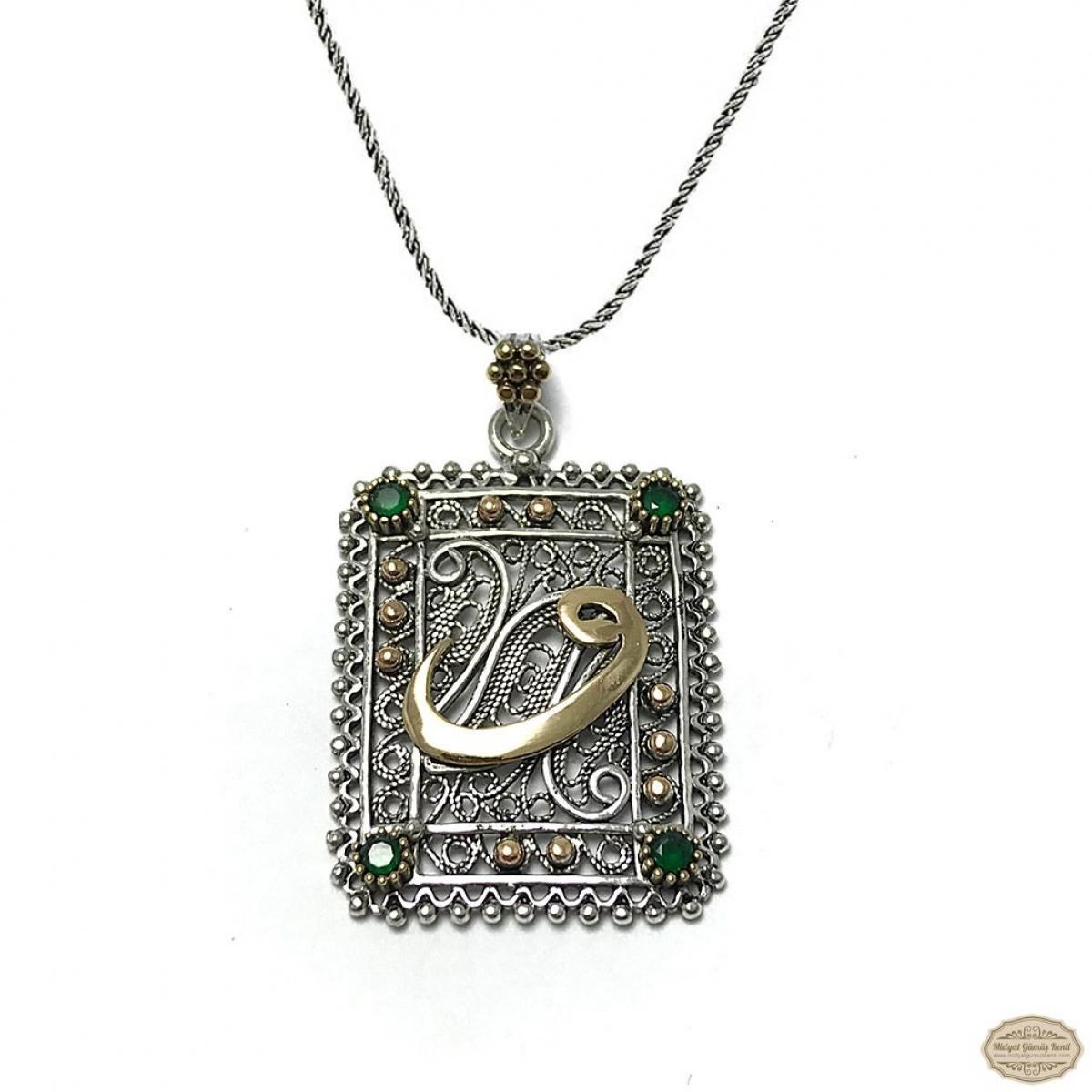 Vav işlemeli Kare Model Oksitli Telkari Gümüş Kolye