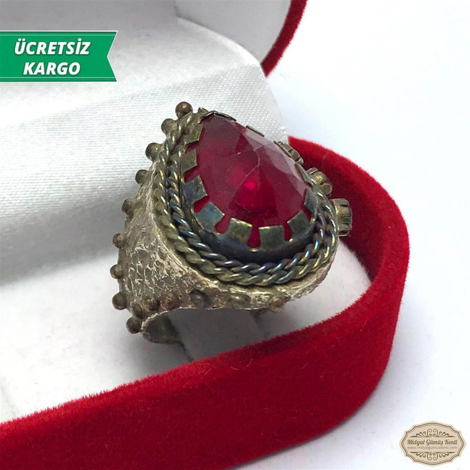 Yakut Taşlı Damla Model Bayan Otantik Gümüş Yüzük