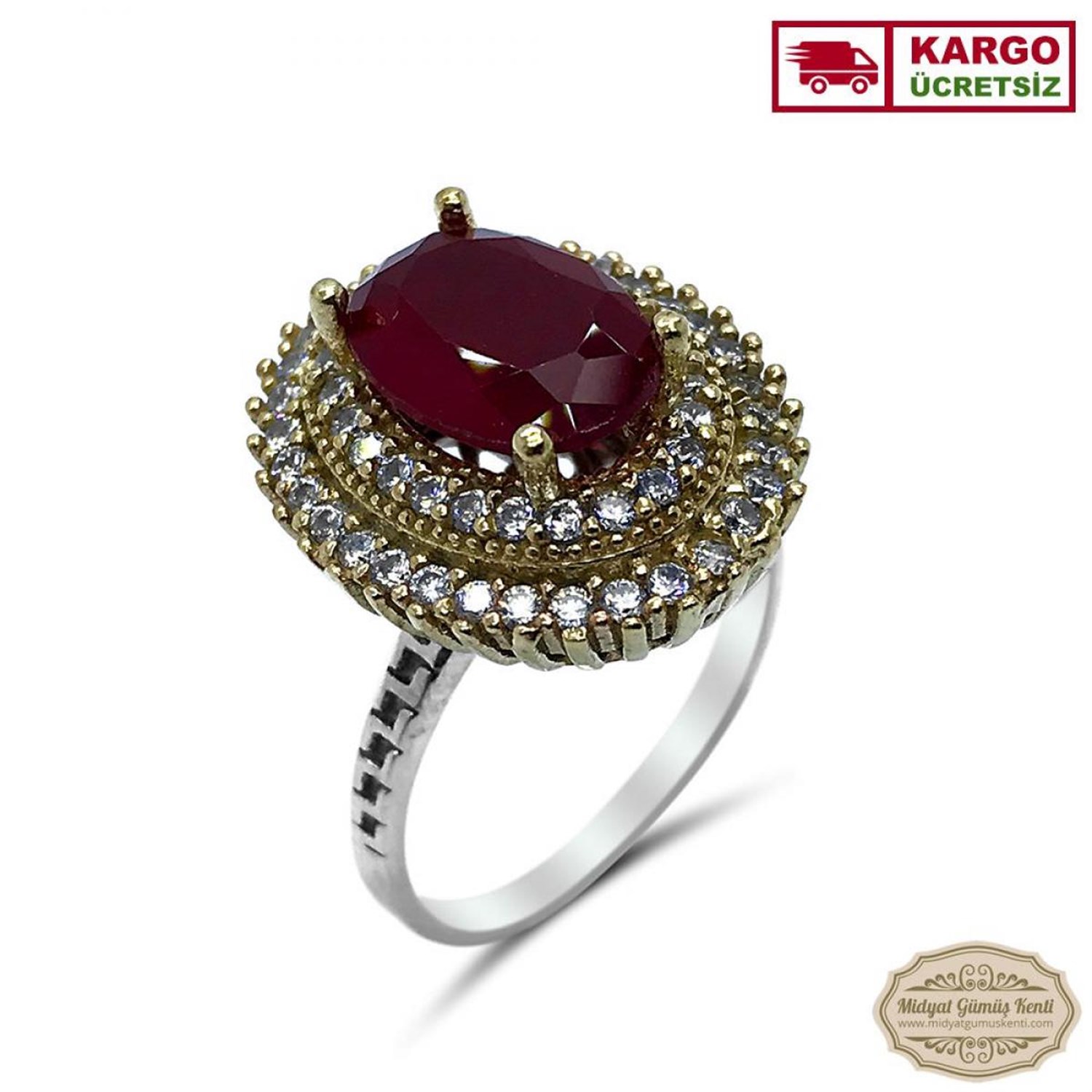 Yakut Taşlı Elips Model Otantik Bayan Gümüş Yüzük