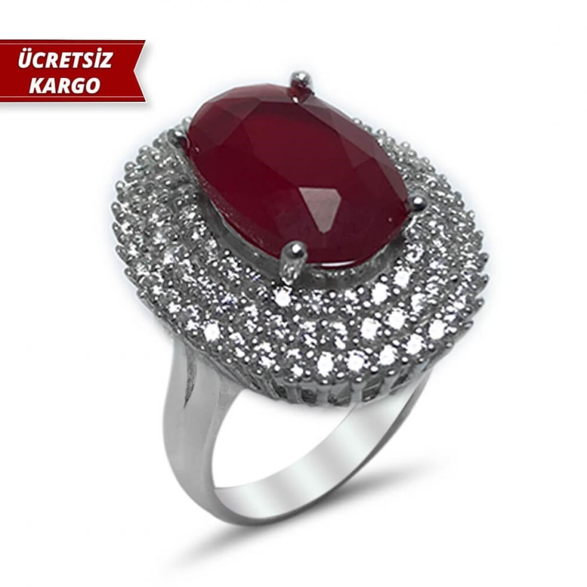 Yakut Taşlı Elips Model Zirkon Gümüş Yüzük