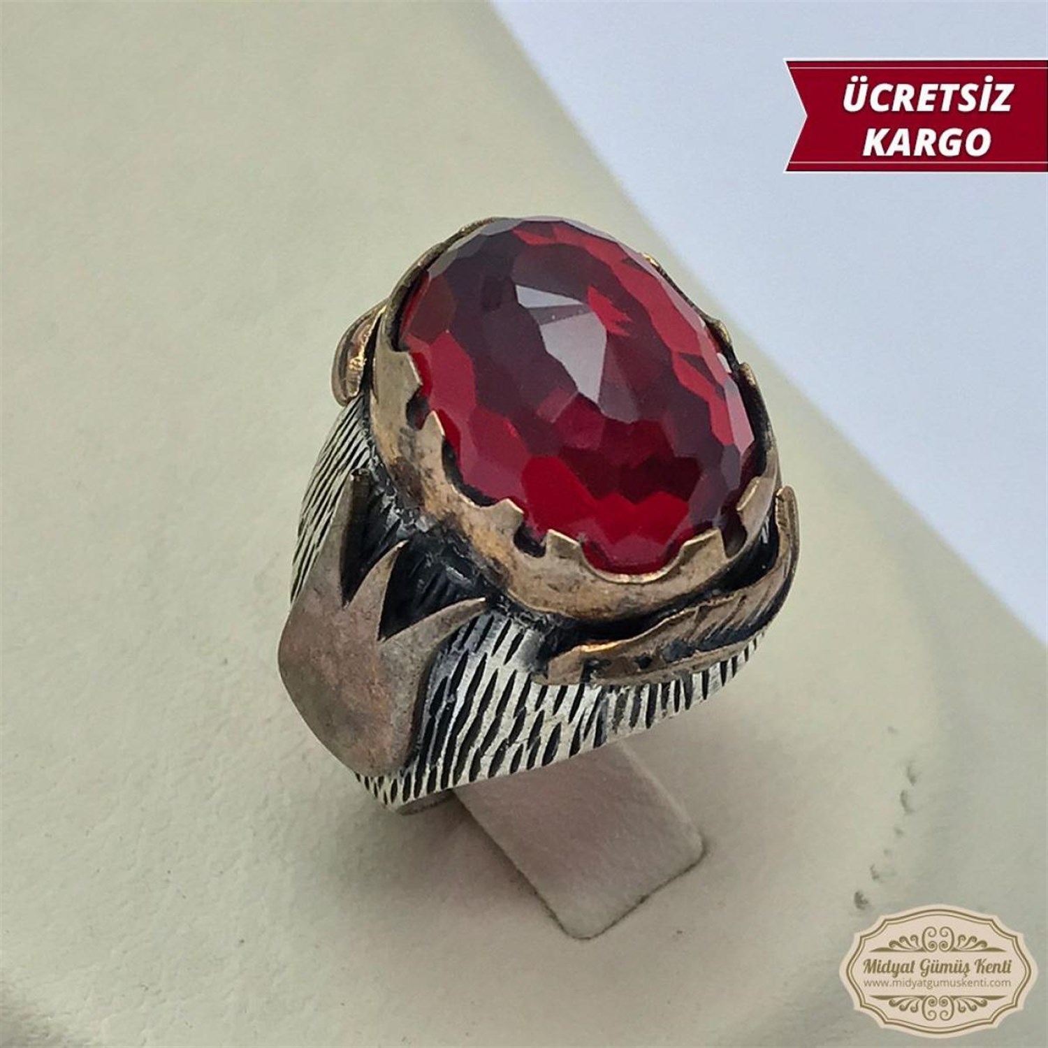 Yakut Taşlı Lale Model 925 Ayar Otantik Bayan Gümüş Yüzük