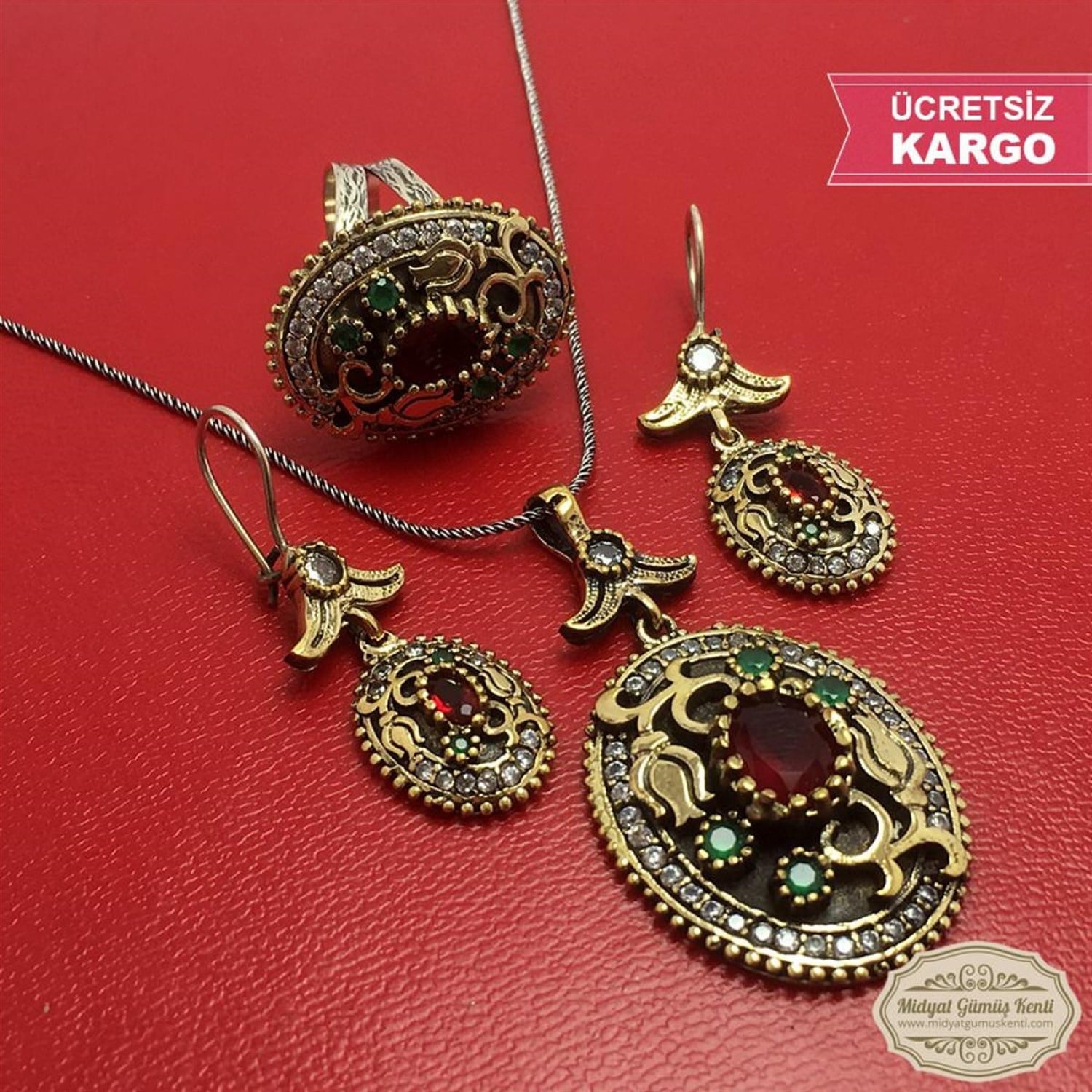 Yakut Taşlı Lale Model Bayan Otantik Gümüş Üçlü Set