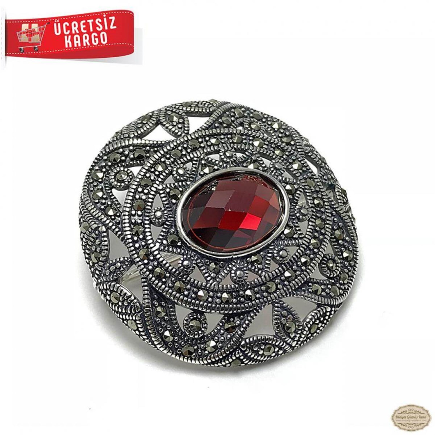 Yakut Taşlı Oval Model Markazit Gümüş Broş Yaka İğnesi 