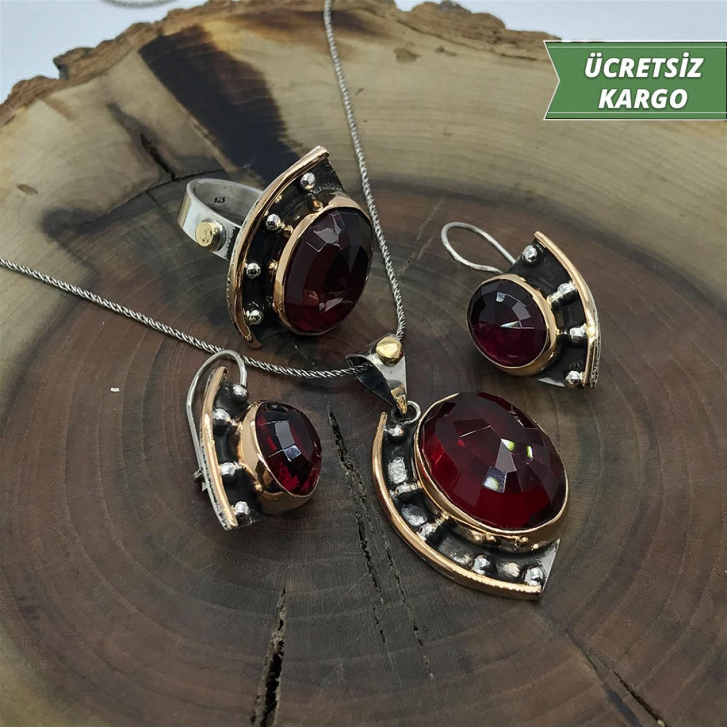 Yakut Taşlı Yarım Ay Model 925 Ayar Otantik Gümüş Üçlü Set