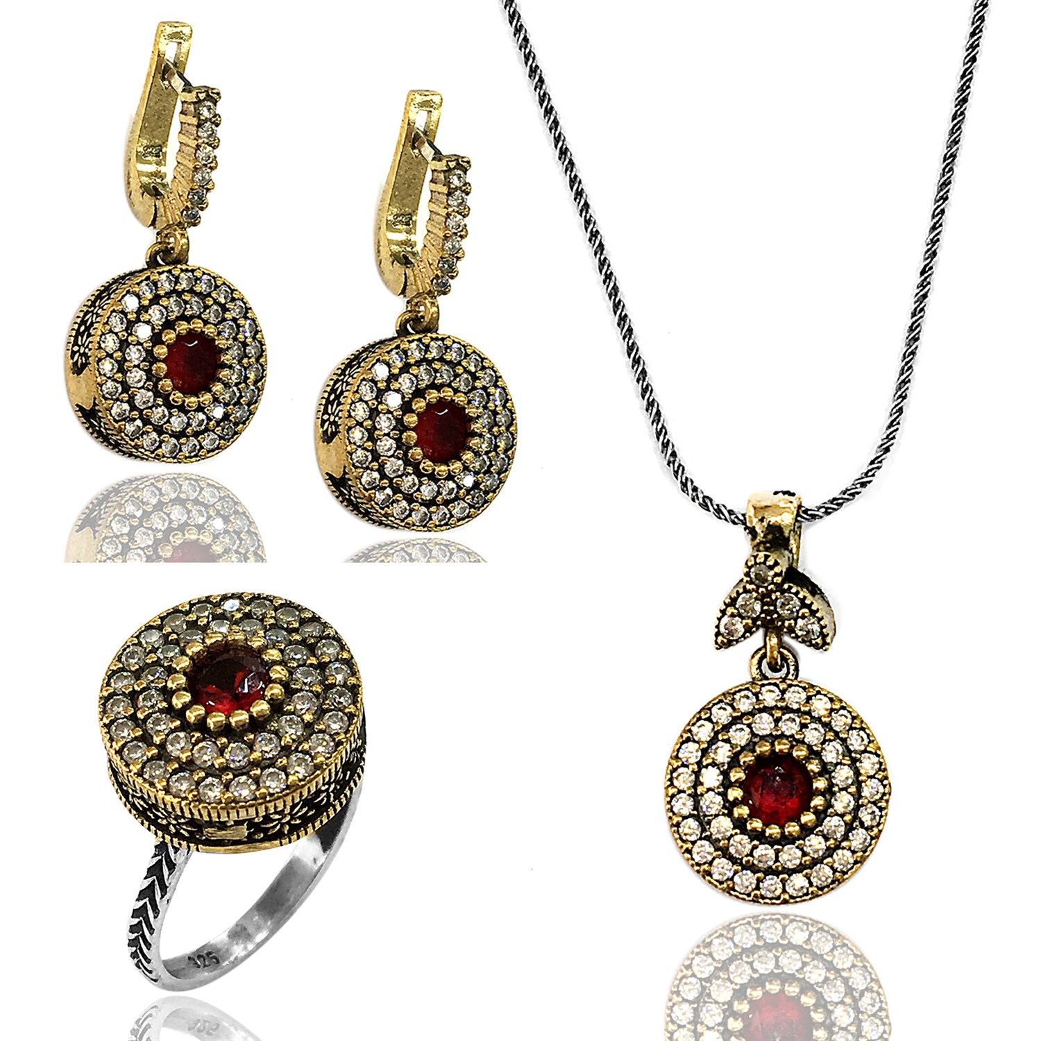 Yakut Taşlı Yuvarklak Tasarım Otantik Gümüş Set