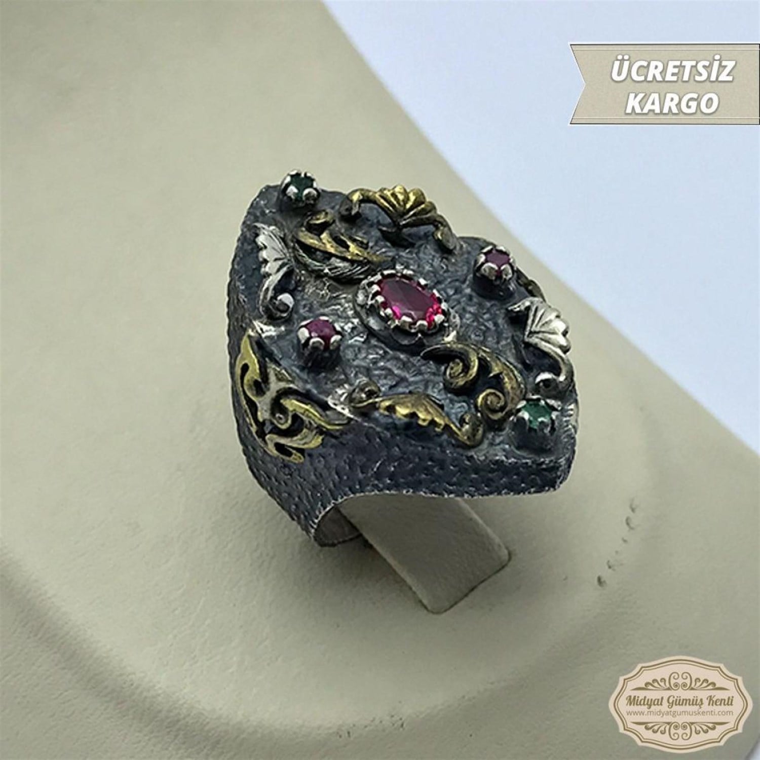 Yakut ve Zirkon Taşlı Çekik Model 925 Ayar Otantik Bayan Gümüş Yüzük