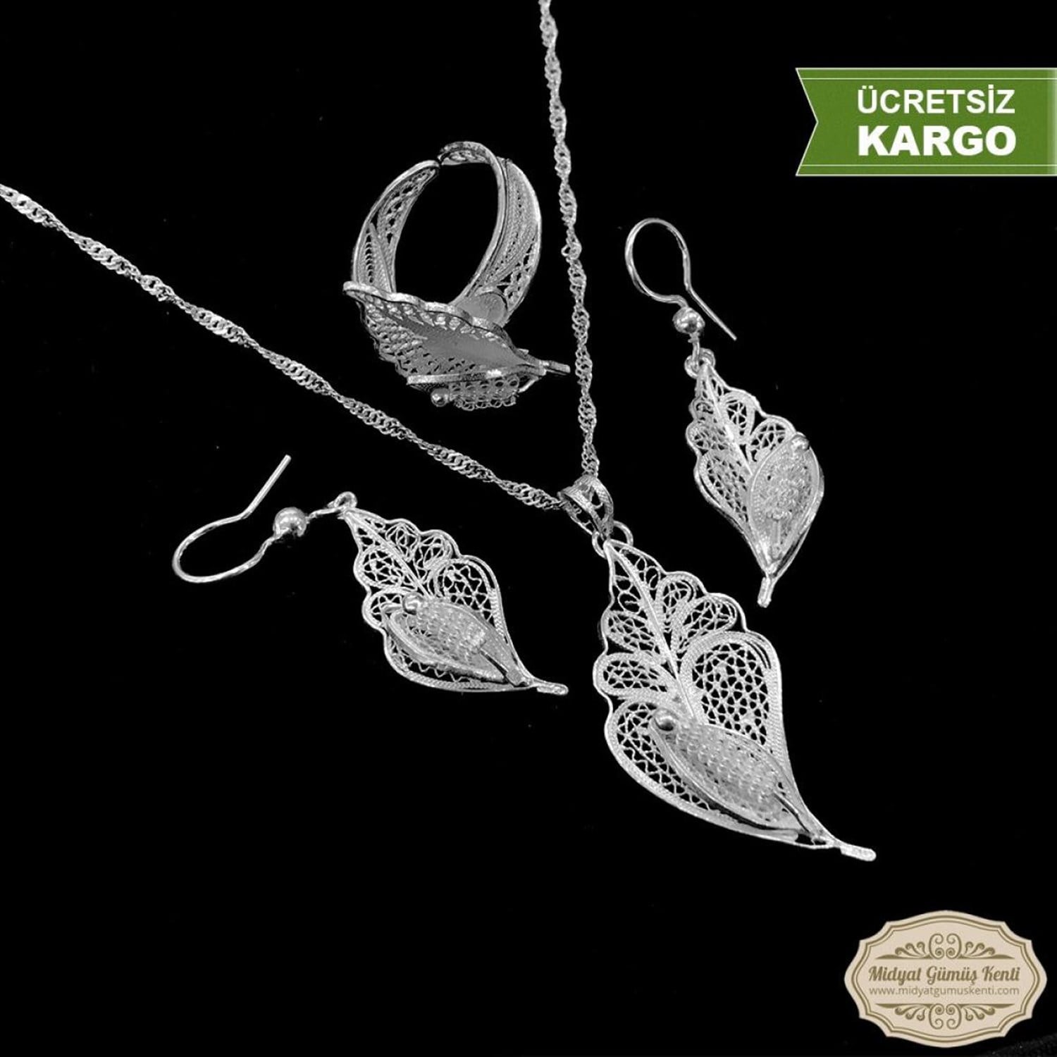 Yaprak Model 925 Ayar Telkari Bayan Gümüş Üçlü Set
